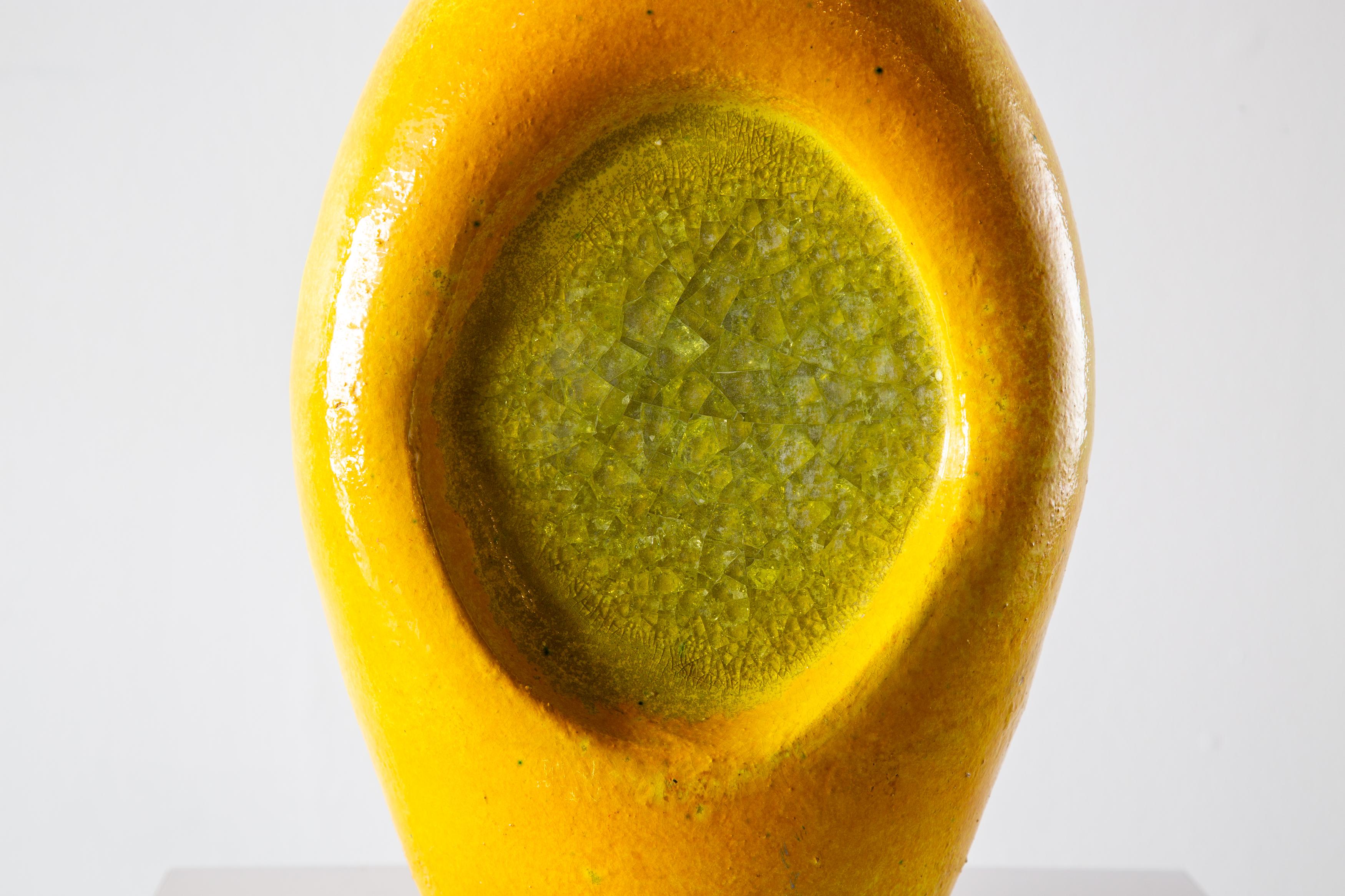 Mid-Century Modern Large Bitossi Fritte Vase Italian Mod century modern ceramics Yellow Green For Sale