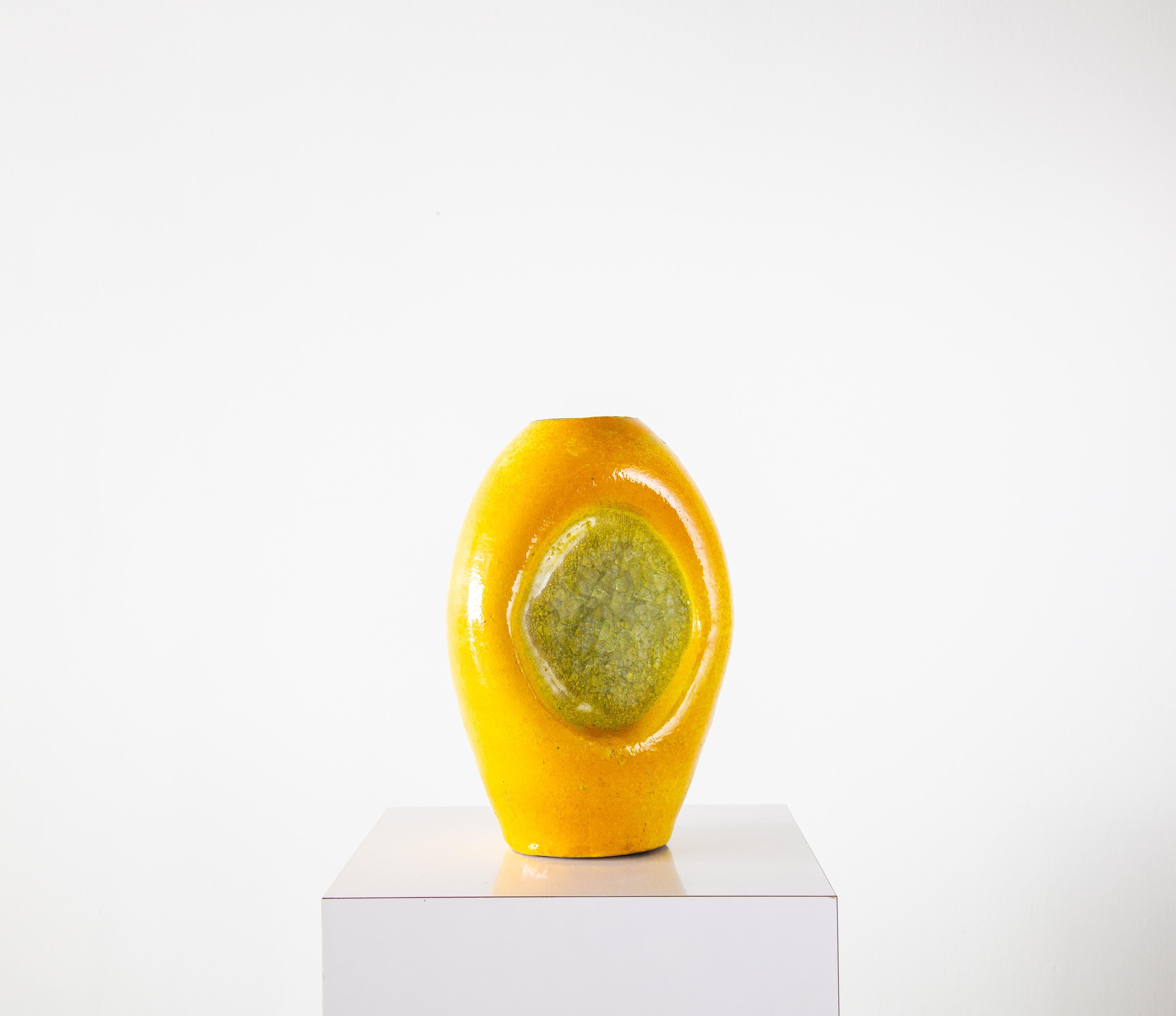 Mid-20th Century Large Bitossi Fritte Vase Italian Mod century modern ceramics Yellow Green For Sale