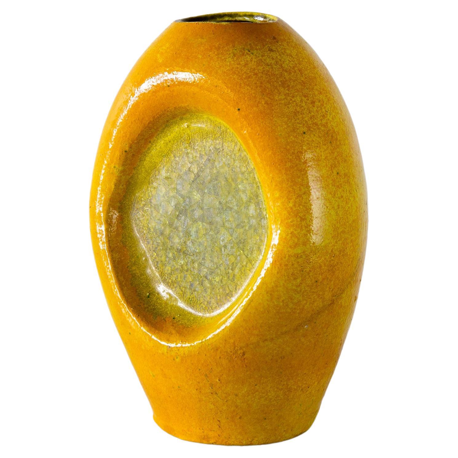 Large Bitossi Fritte Vase Italian Mod century modern ceramics Yellow Green For Sale