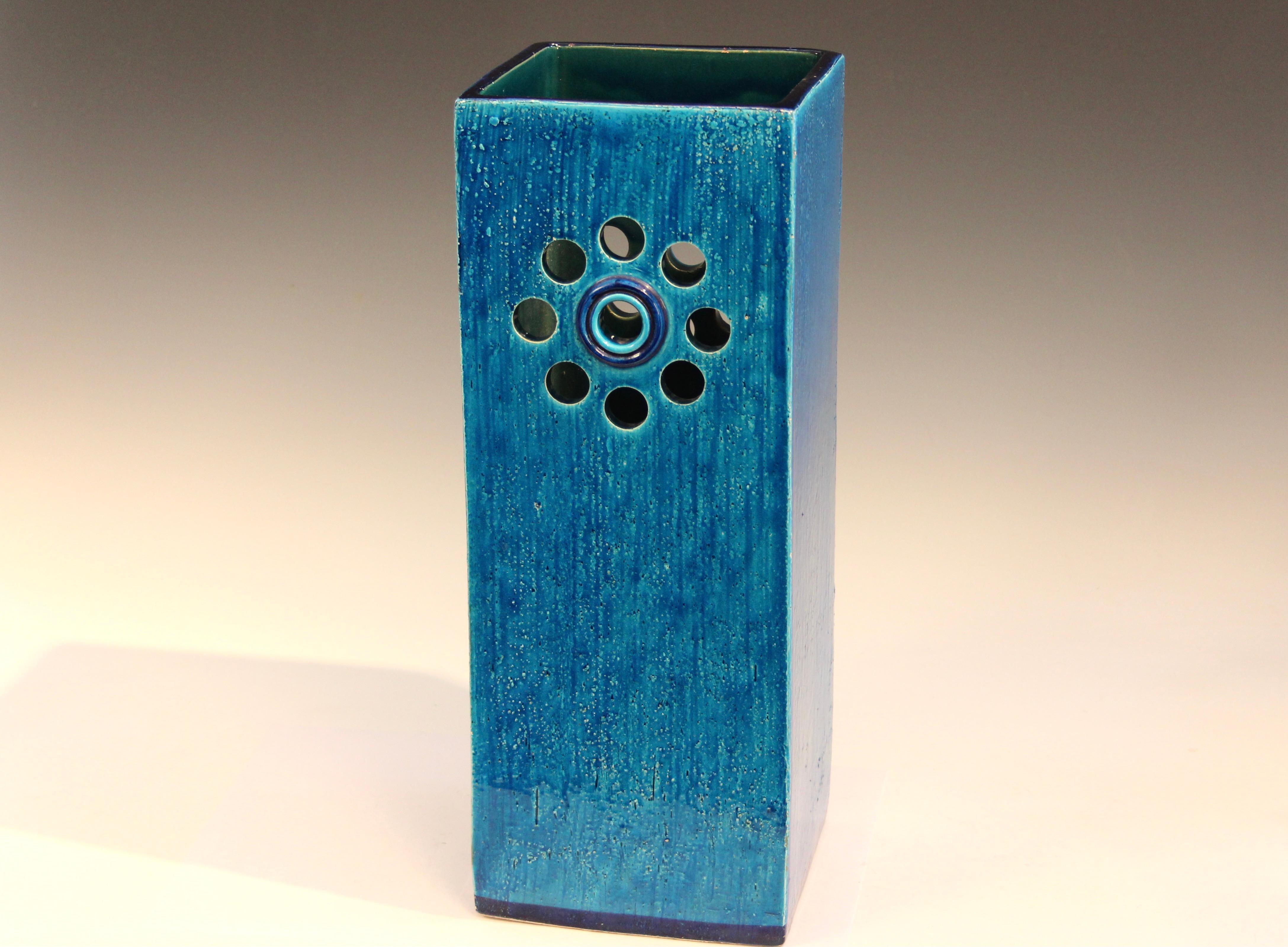 Large vintage Bitossi turquoise blue slab vase with cutout roundels on two sides, circa 1960s. Unusual and dramatic. 17 1/2