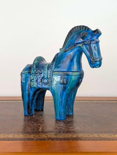 Large Bitossi Rimini Blu Ceramic Horse Sculpture by Aldo Londi Mid Century Italy