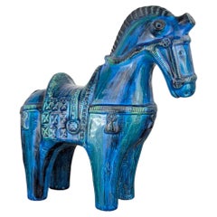 Large Bitossi Rimini Blu Ceramic Horse Sculpture by Aldo Londi Mid Century Italy
