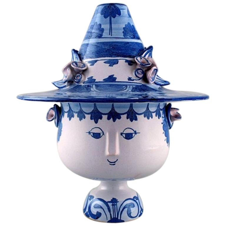 Large Bjørn Wiinblad, the Blue House, Figure with Lid in the Form of a Hat