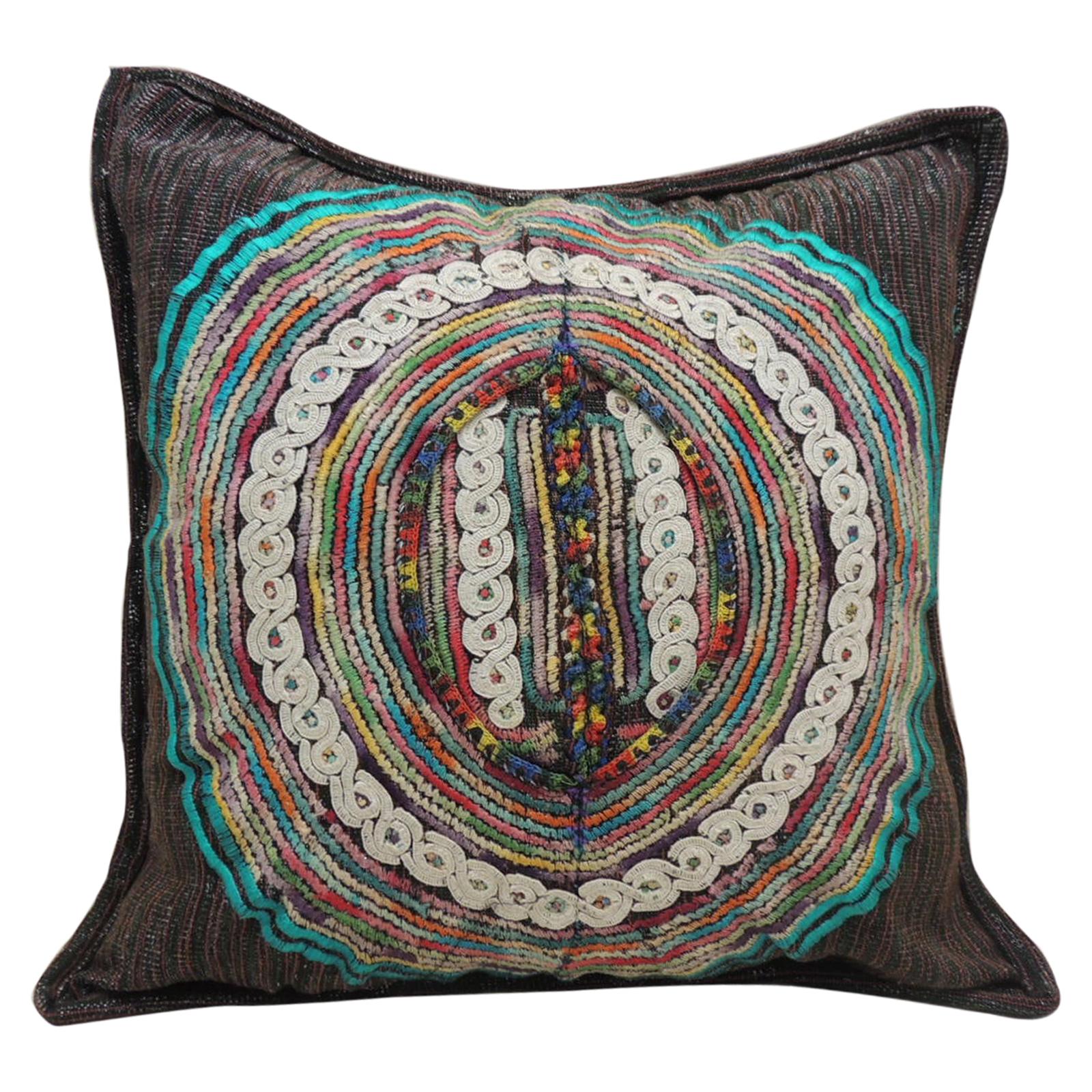Large Black and Aqua Guatemalan Embroidered Square Decorative Pillow