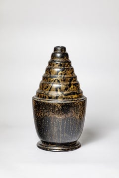 Large black and gold 1940 art deco ceramic vase by Lucien Brisdoux 44 cm