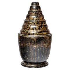 Retro Large black and gold 1940 art deco ceramic vase by Lucien Brisdoux 44 cm