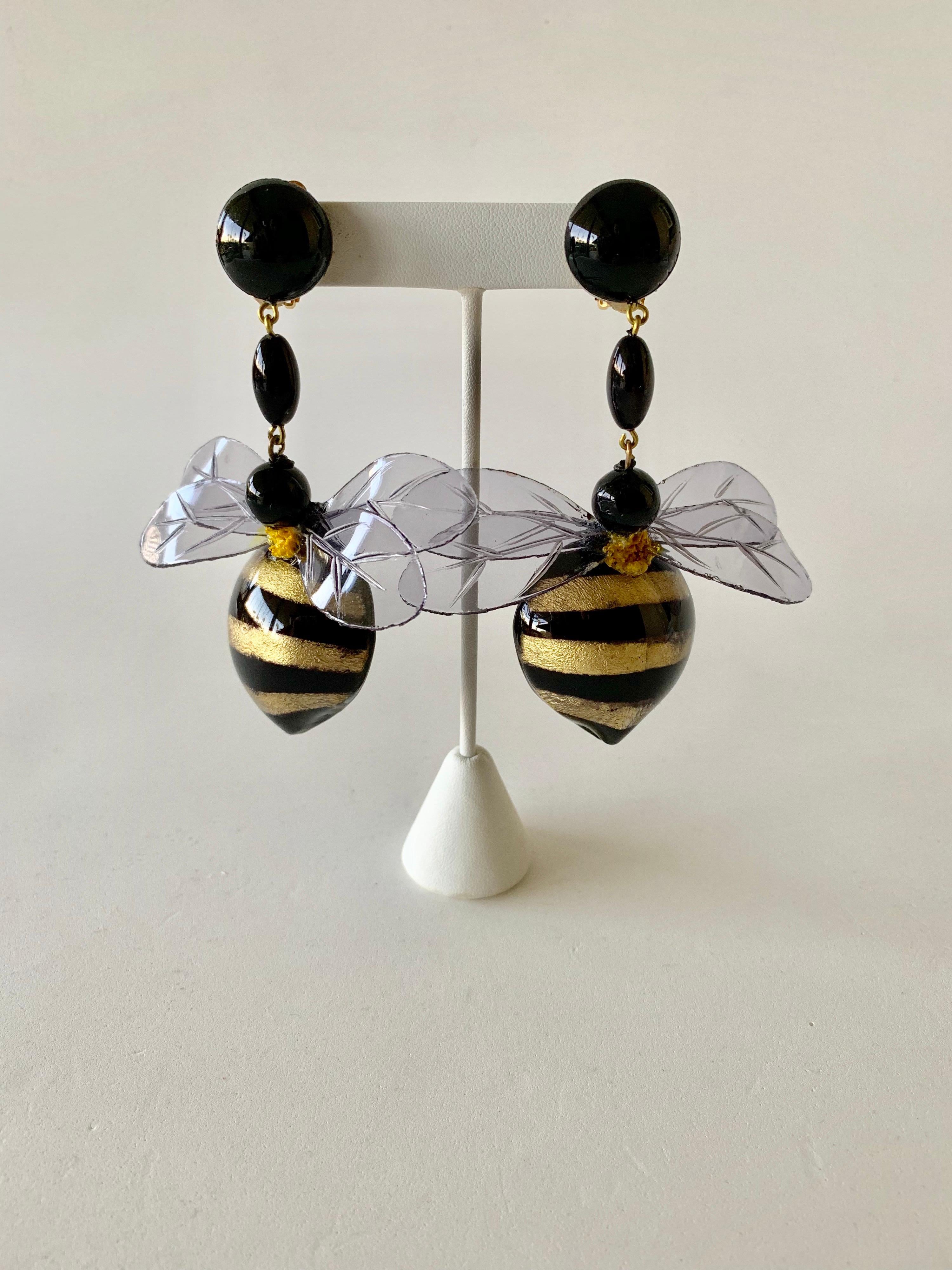 Contemporary  Large Black and Gold Bumblebee Statement Earrings  For Sale