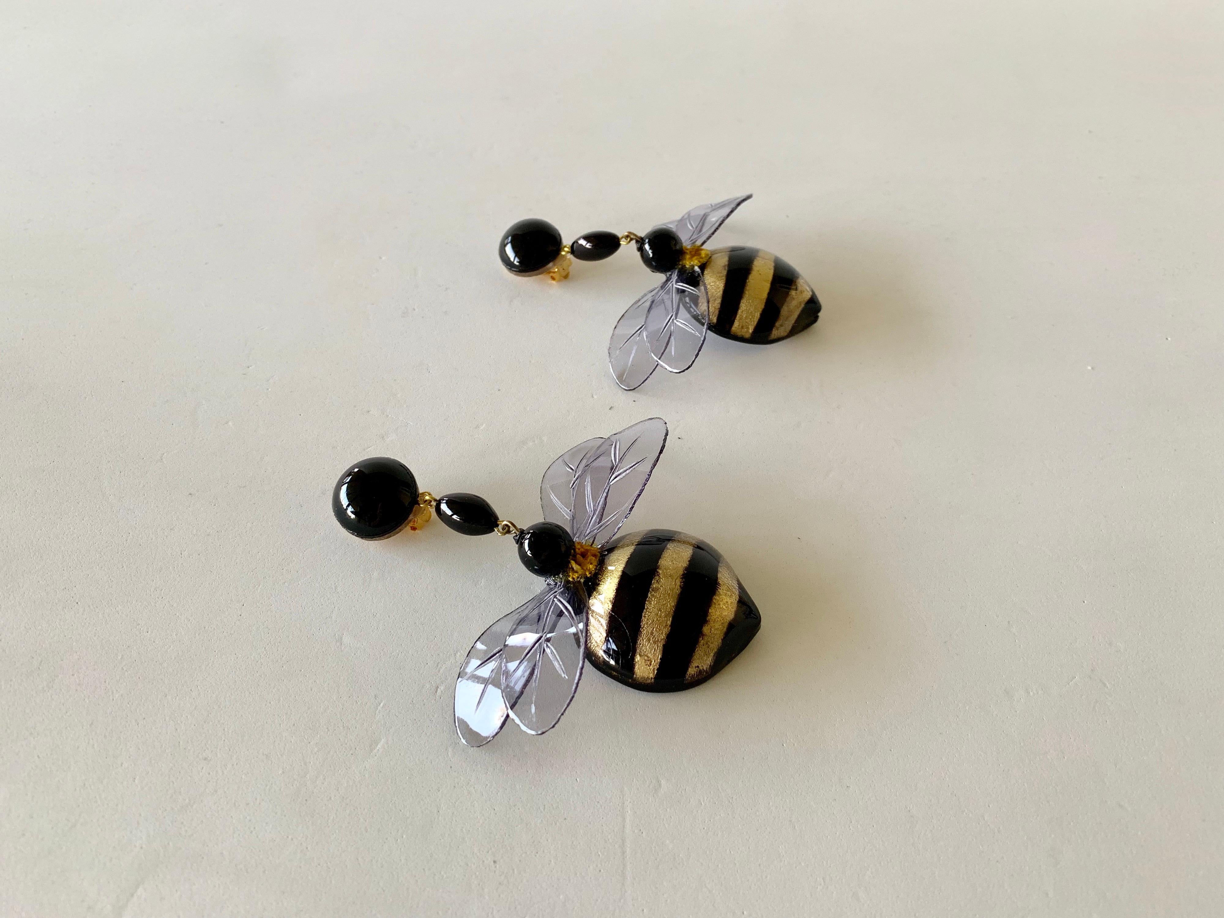  Large Black and Gold Bumblebee Statement Earrings  In Excellent Condition For Sale In Palm Springs, CA