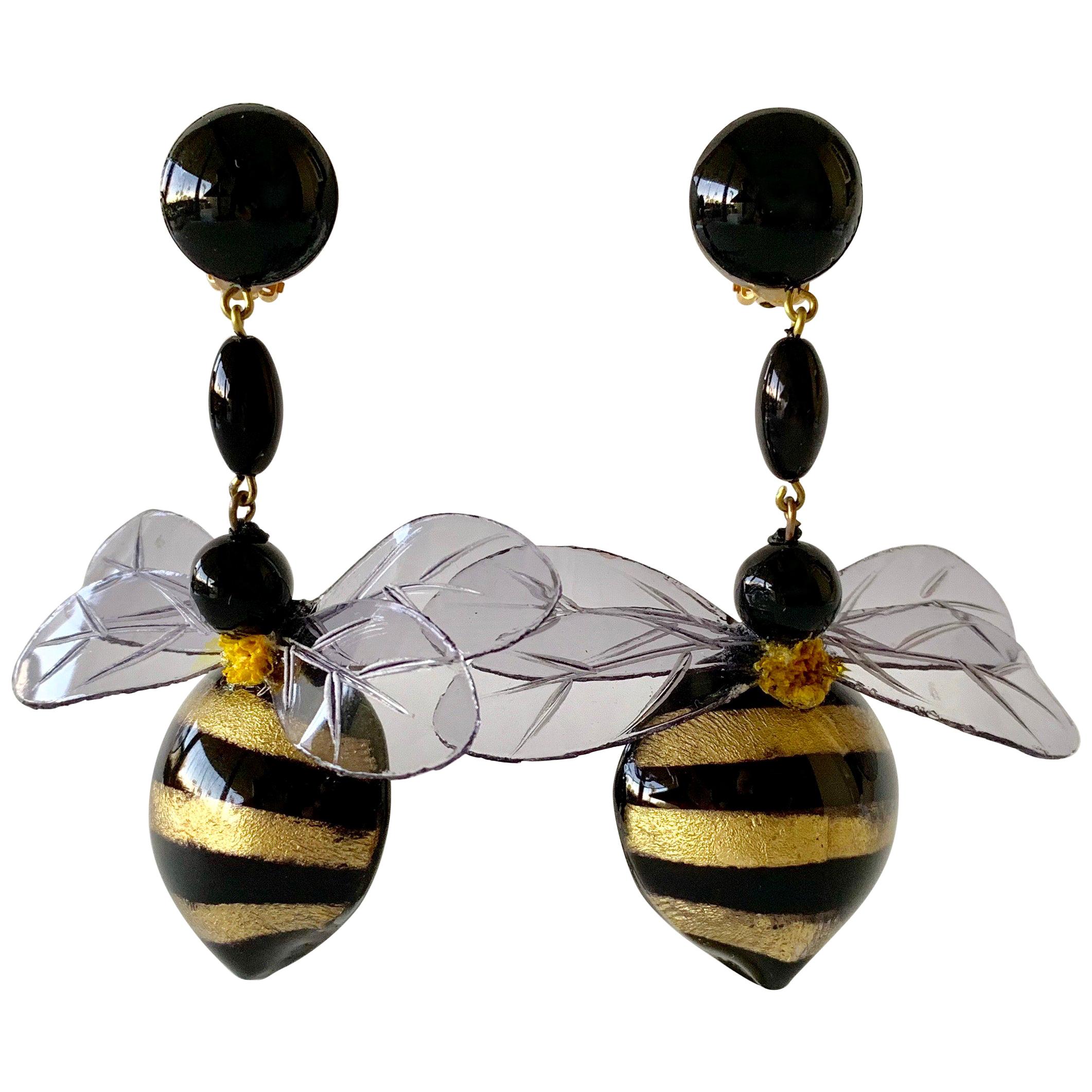  Large Black and Gold Bumblebee Statement Earrings  For Sale
