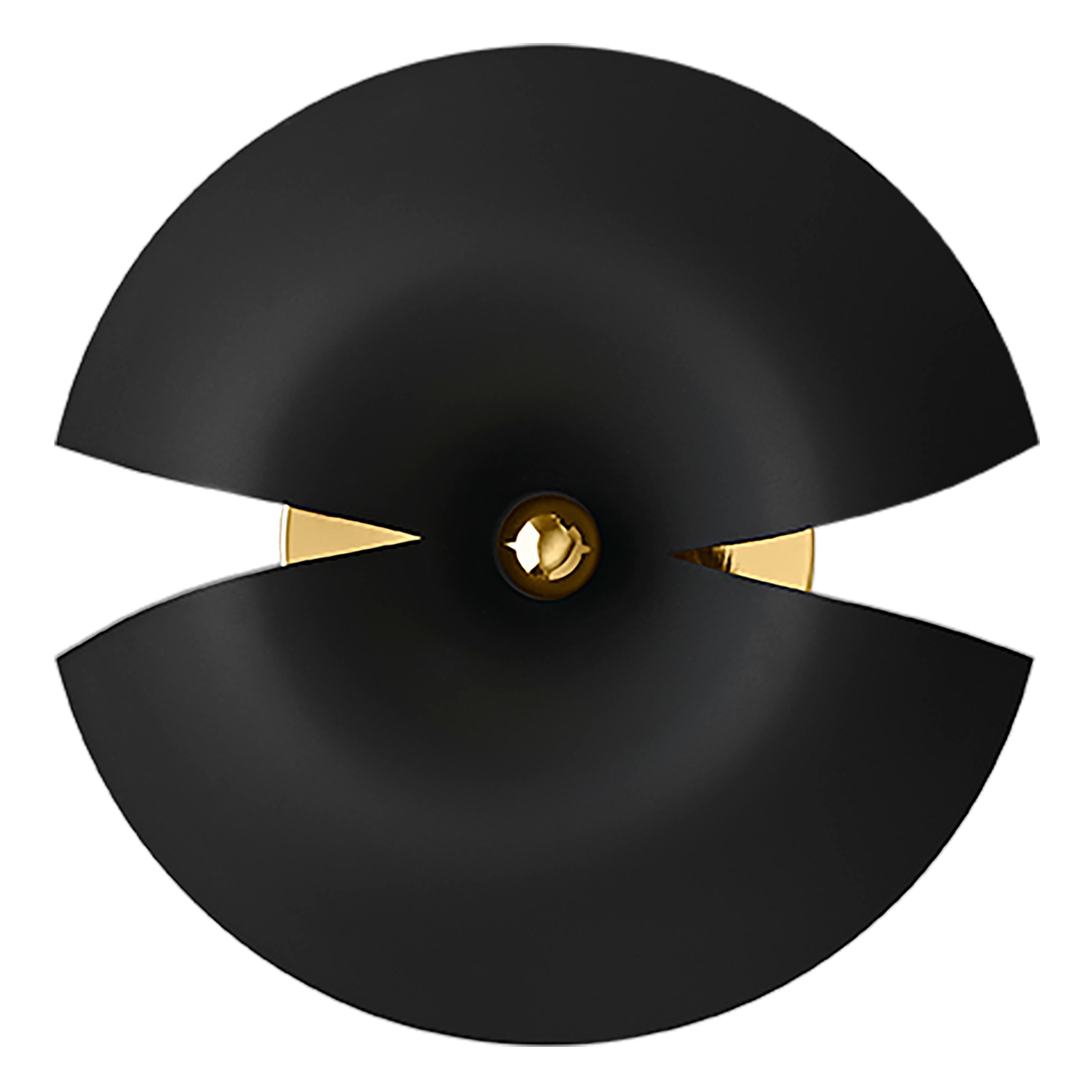 Large Black and Gold Contemporary wall lamp 
Dimensions: Diameter 45 x H 18 cm 
Materials: Aluminum with Powder-Coated. Brass plated details, Porcelain socket, Plastic switch, and Black textile cord. 
Details: For all lamps the light source is E27