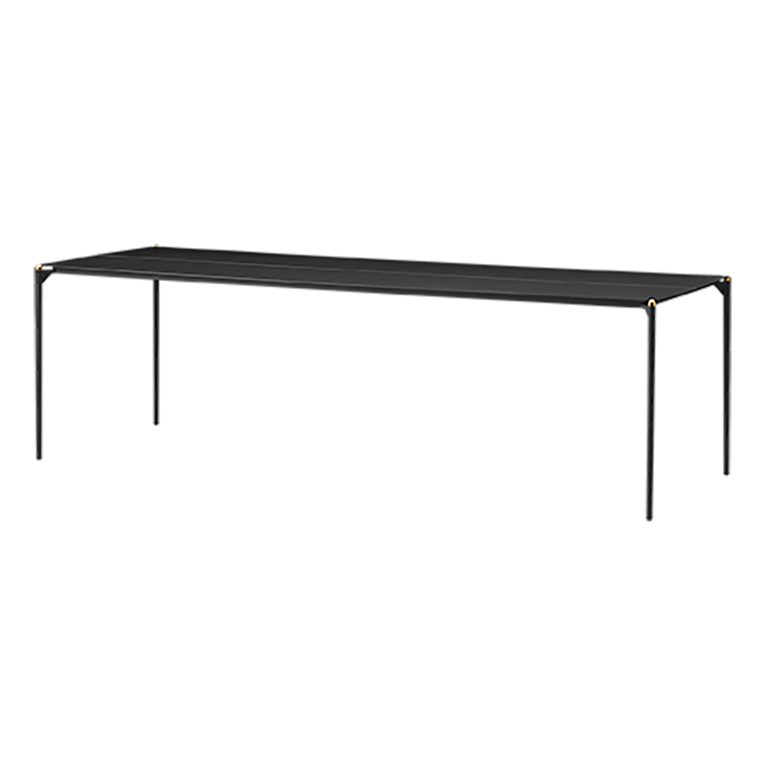 Large black and gold minimalist table
Dimensions: D 240 x W 90 x H 72 cm 
Materials: Steel w. Matte powder coating, aluminum w. Matte powder coating & stainless steel w. Gold titanium plating.
Available in colors: Taupe, bordeaux, forest, ginger