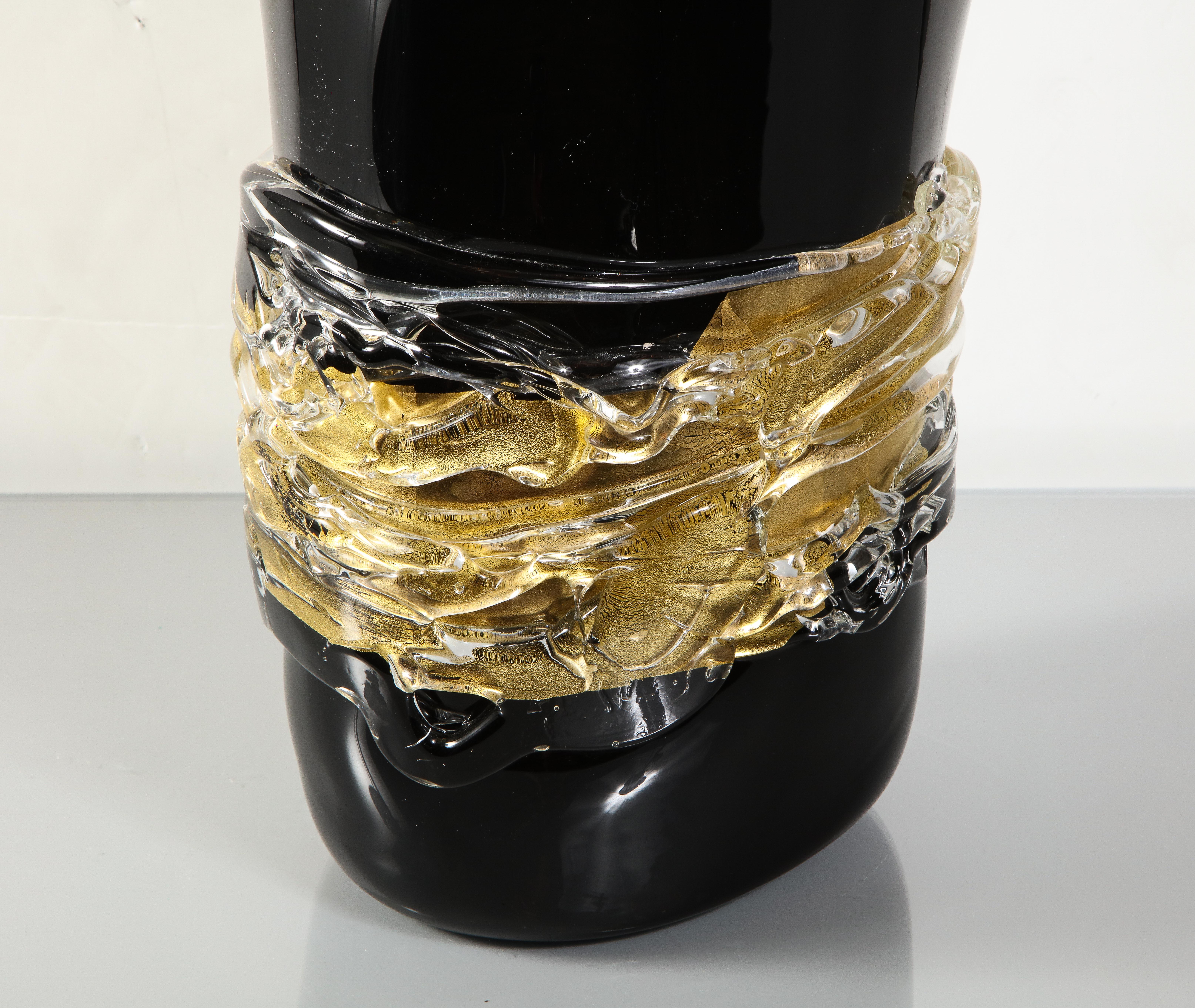 Large Venini Black and Gold Murano Glass Fazzoletto Vase For Sale 2