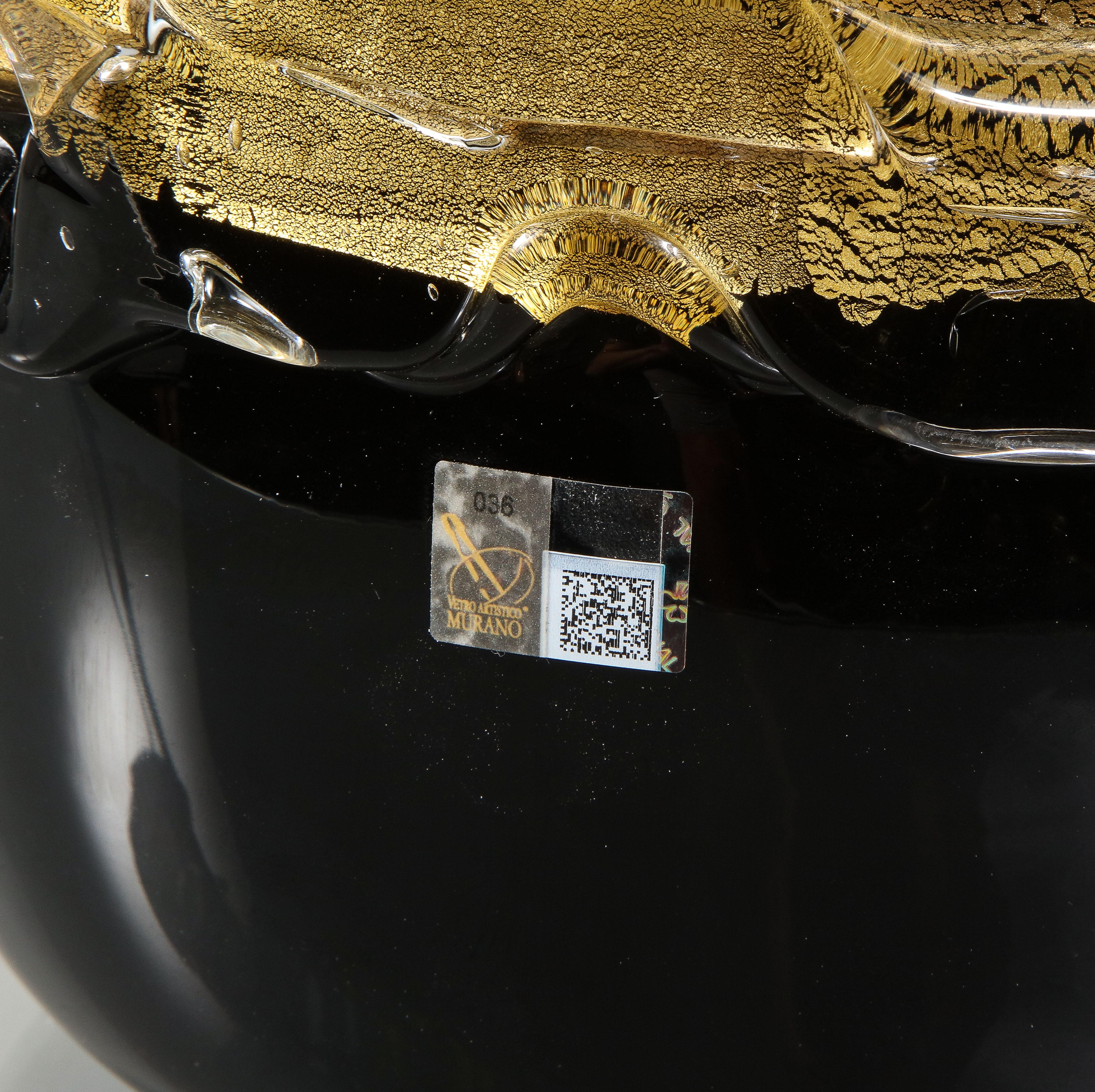 Large Venini Black and Gold Murano Glass Fazzoletto Vase For Sale 3