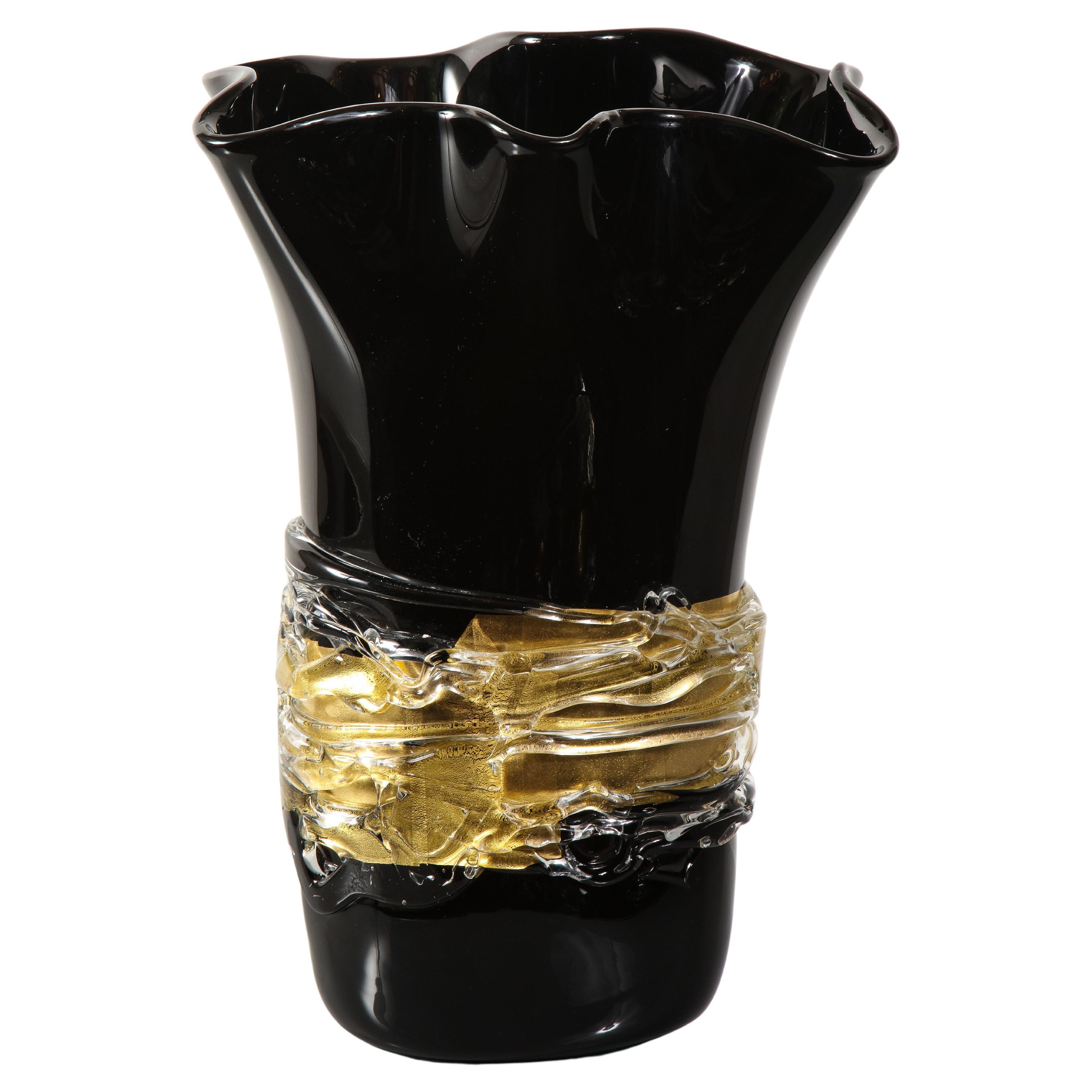 Large Venini Black and Gold Murano Glass Fazzoletto Vase