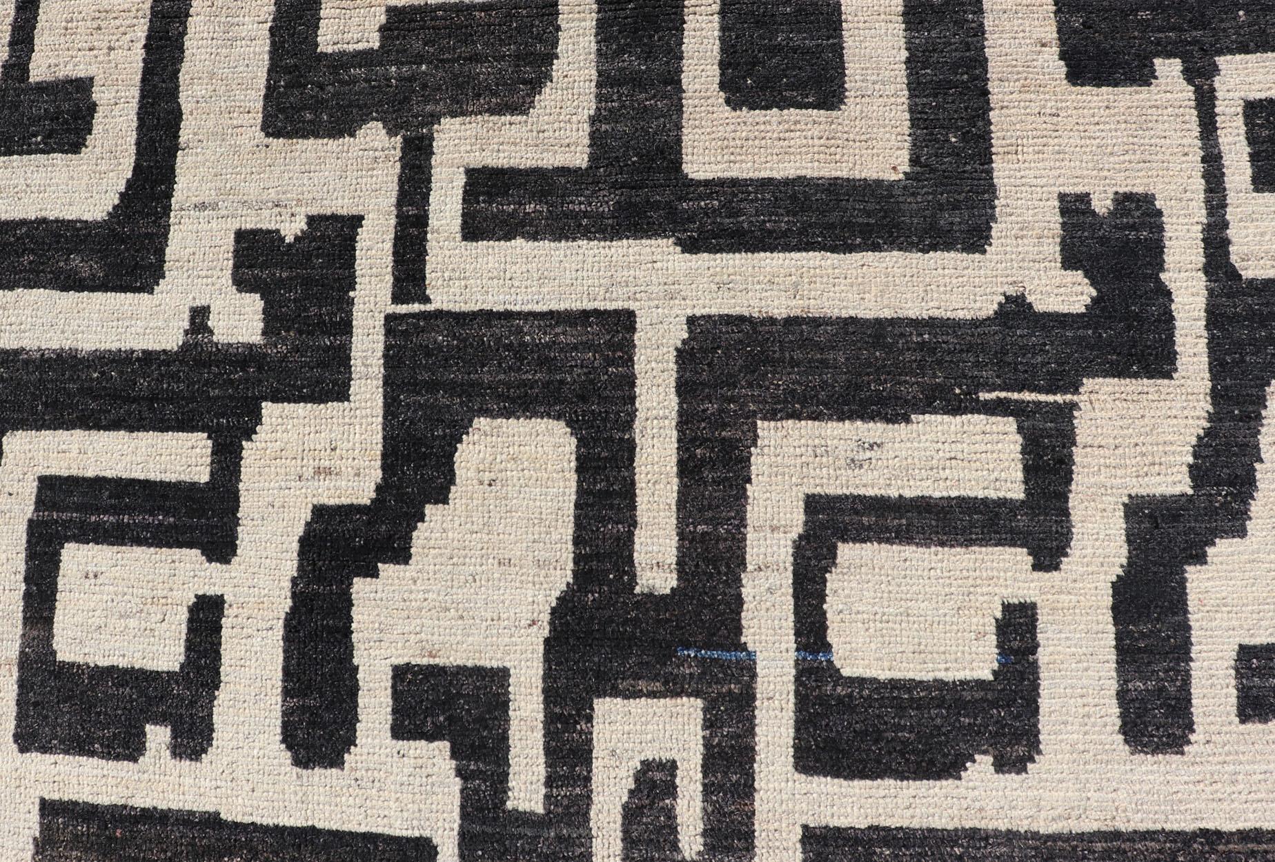 Afghan Large Black and Ivory Abstract Modern Casual Rug by Keivan Woven Arts For Sale