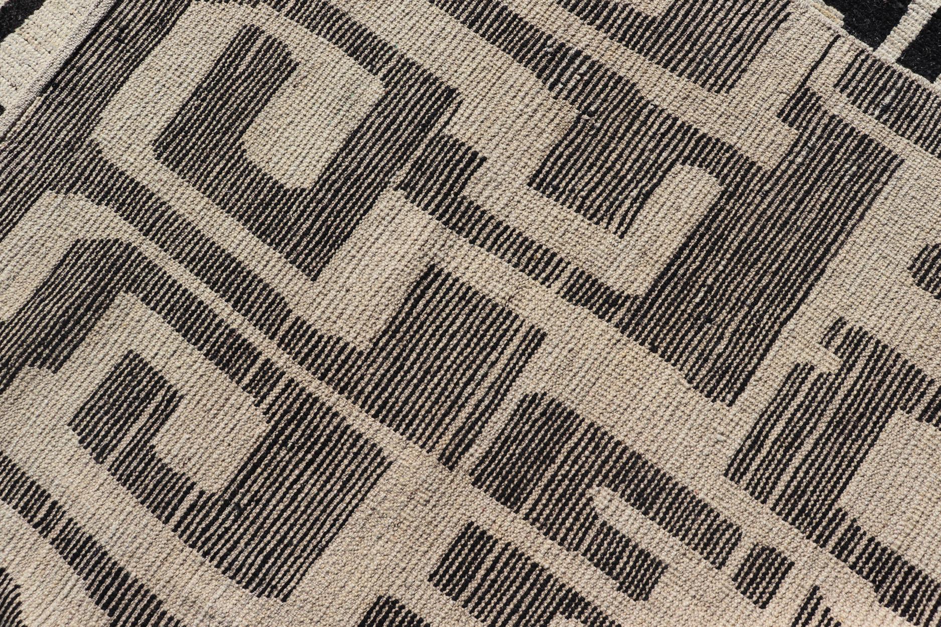 Large Black and Ivory Abstract Modern Casual Rug by Keivan Woven Arts For Sale 1