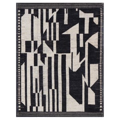 Grand tapis abstrait moderne et décontracté noir et ivoire surdimensionné
