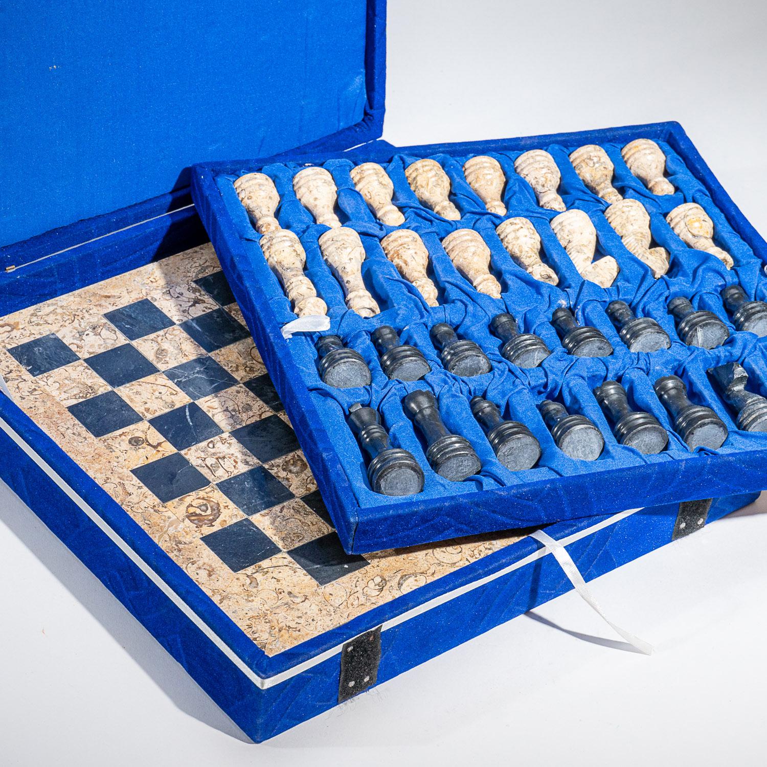 Contemporary  Black and Natural Onyx Large Chess Set With Blue Velvet Box, Afghanistan