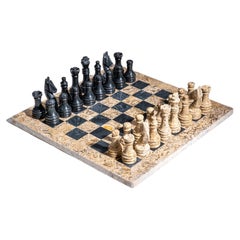  Black and Natural Onyx Large Chess Set With Blue Velvet Box, Afghanistan