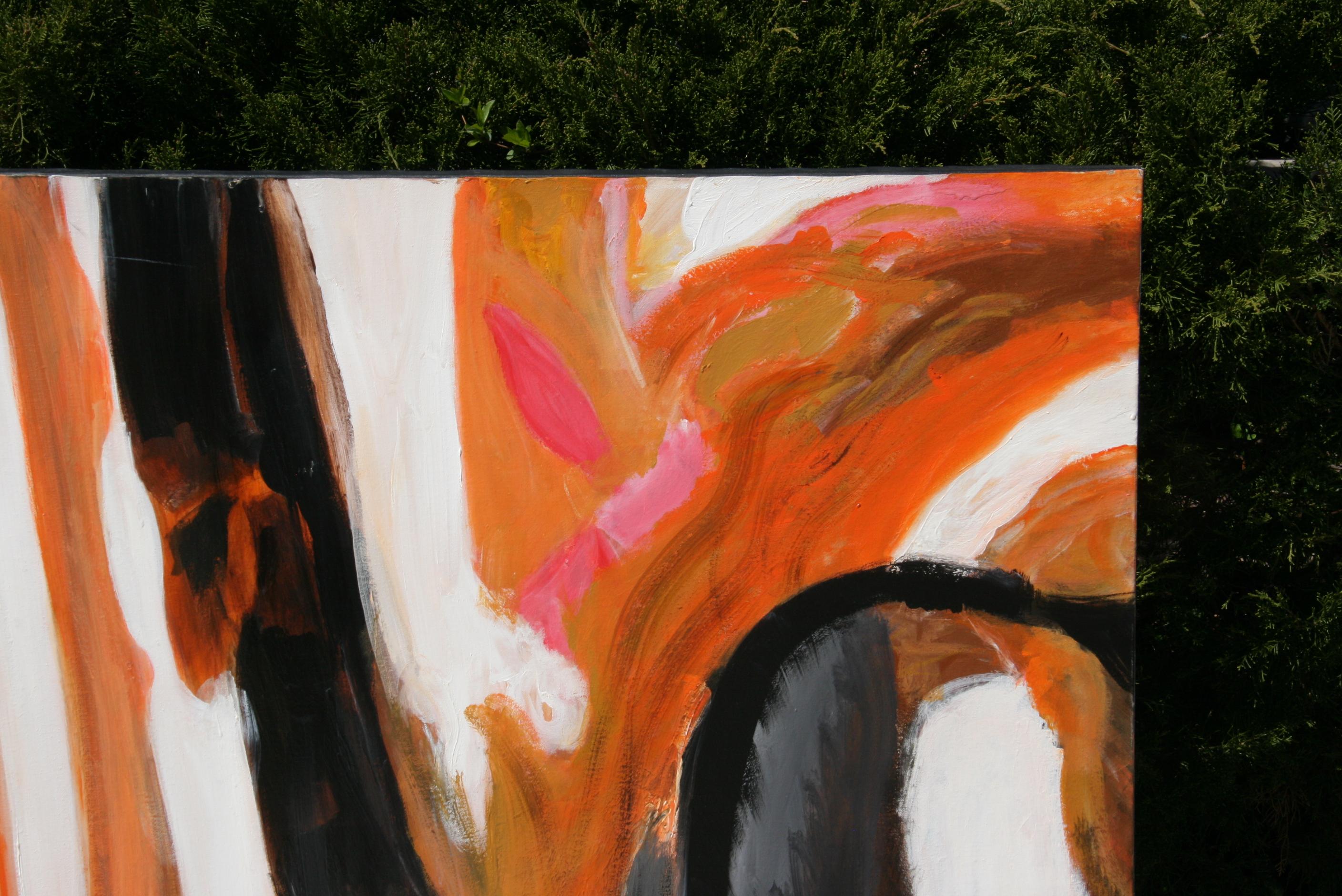 Large Mid Century Black and Orange Abstract Oil Painting Signed Tiles 1980 In Good Condition In Douglas Manor, NY