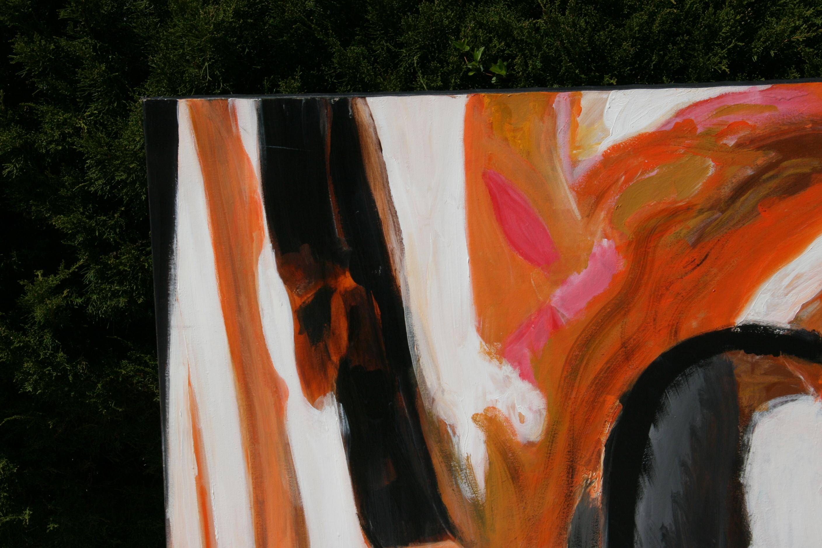 Late 20th Century Large Mid Century Black and Orange Abstract Oil Painting Signed Tiles 1980