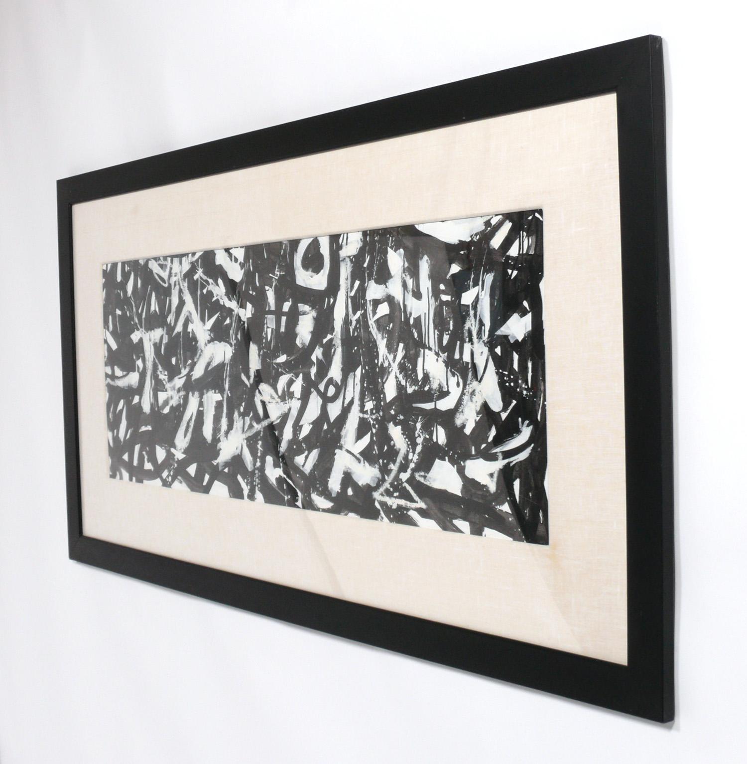 Large scale abstract original painting, in the manner of Franz Kline, American, circa 1990s. It is professionally framed under UV resistant glass. Measures: 66