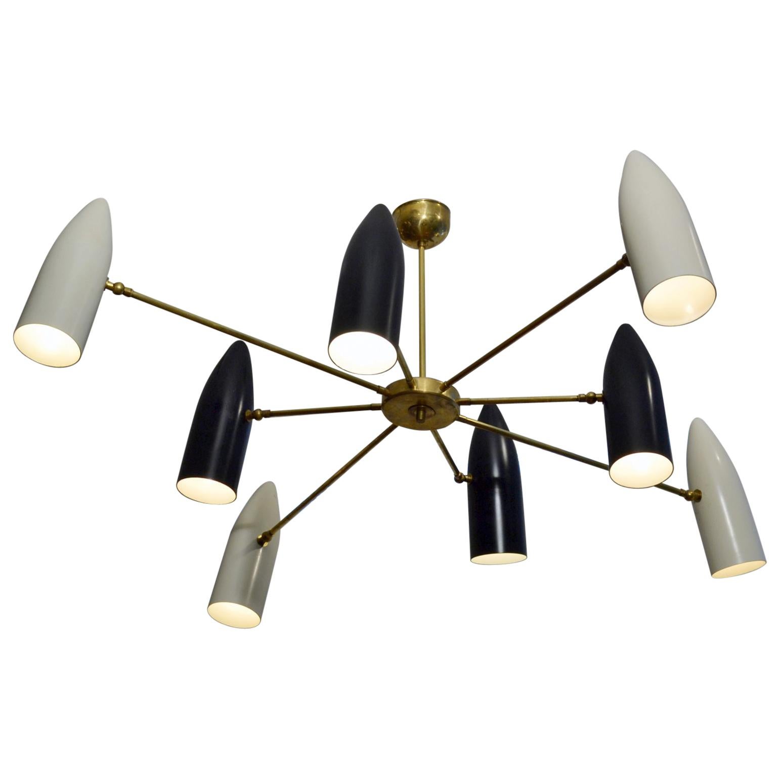 Large Black and White Eight-Arm Metal Midcentury Italian Chandelier