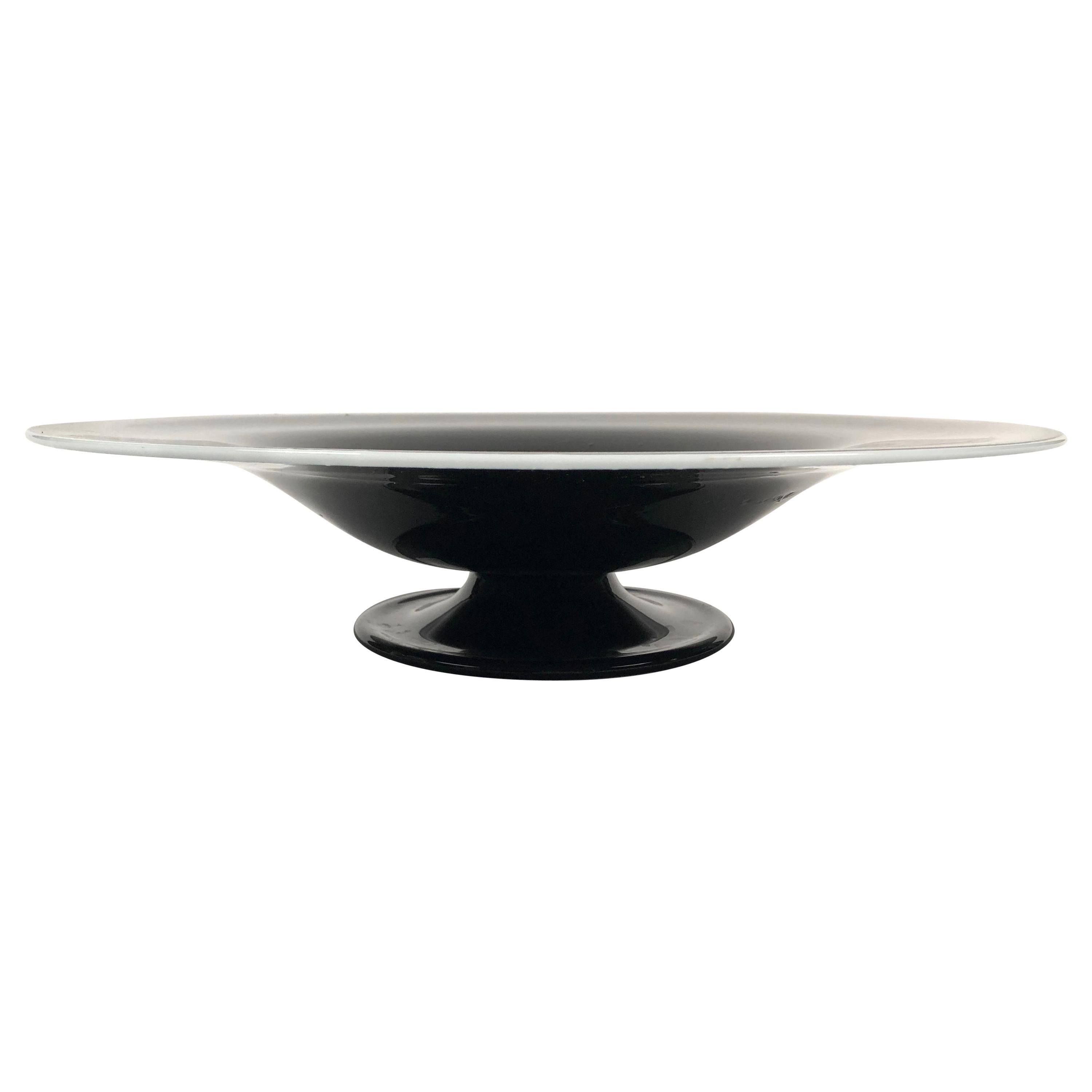 Large Black and White Italian Blown Glass Footed Bowl