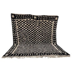 Large Black and White Modern Moroccan Checkered Wool Beni M'Rirt Handwoven Rug
