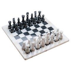Large Black and White Onyx Chess Set with Blue Velvet Box