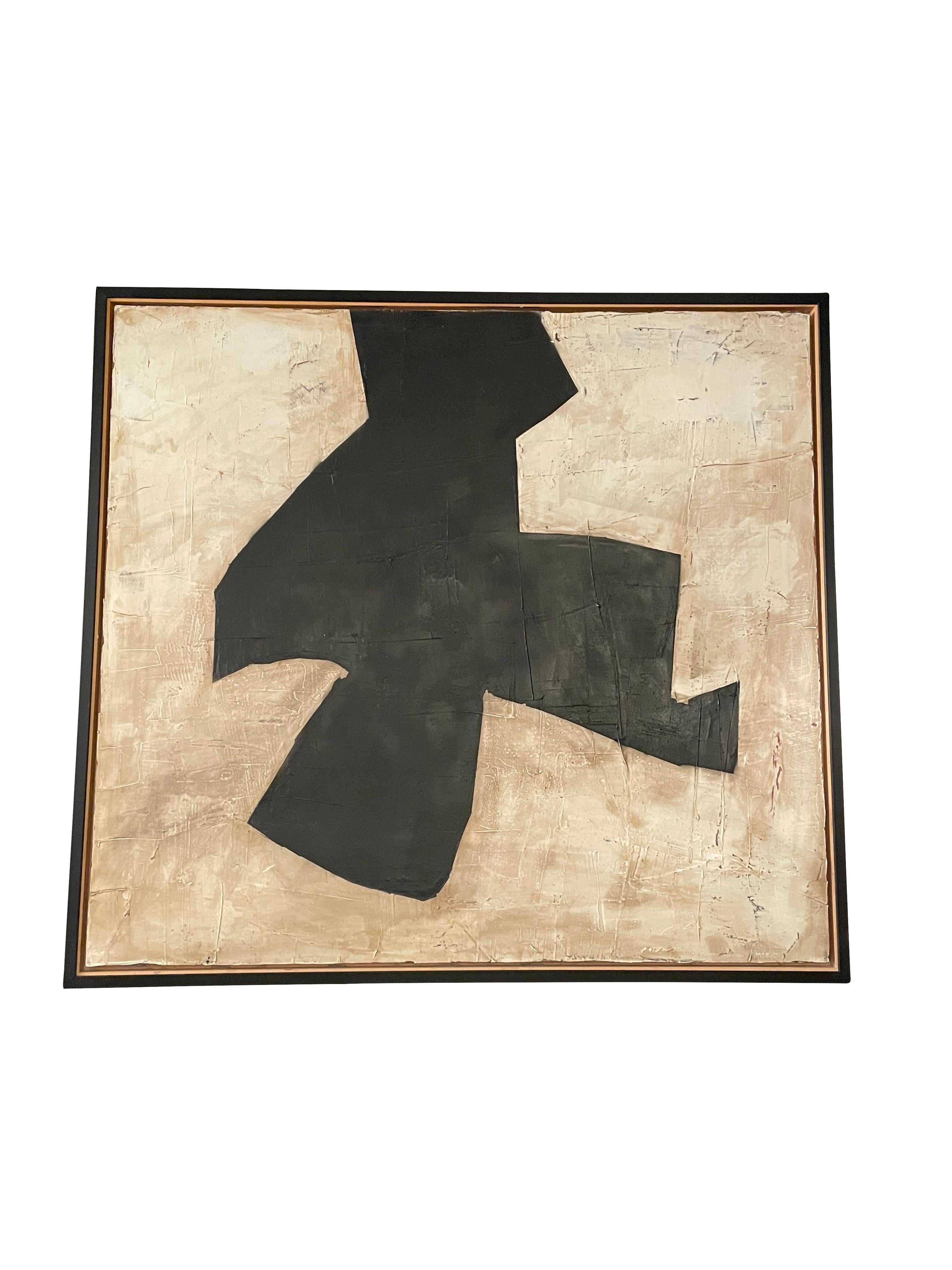 Black and cream contemporary abstract painting by Spanish artist Santiago Castillo.
This large painting is created in oil and stucco on wood. The stucco and a combination of matte and gloss paint finish create an interesting textural effect.
The