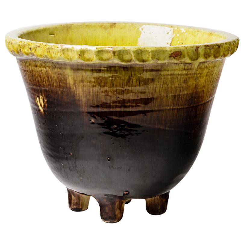 Large Black and Yellow Mid-20th Century Ceramic Flower Pot Plantersaccolay, 1960