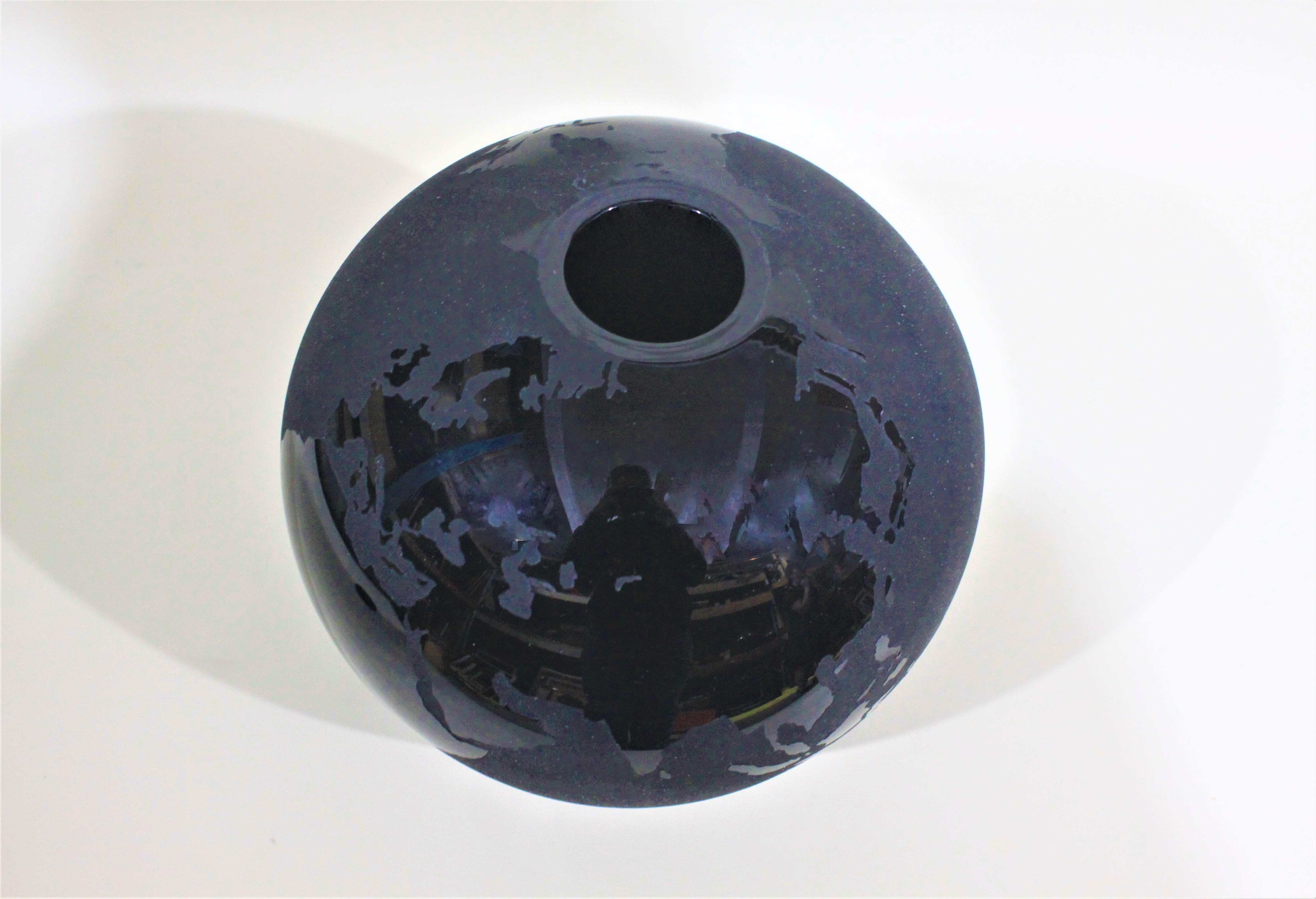 Etched Large Black Art Glass Stylized World Globe Vase For Sale