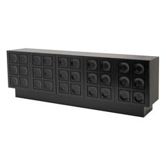 Large Black Brutalist Sideboard with Graphic Patterned Doors, Belgium 1970s