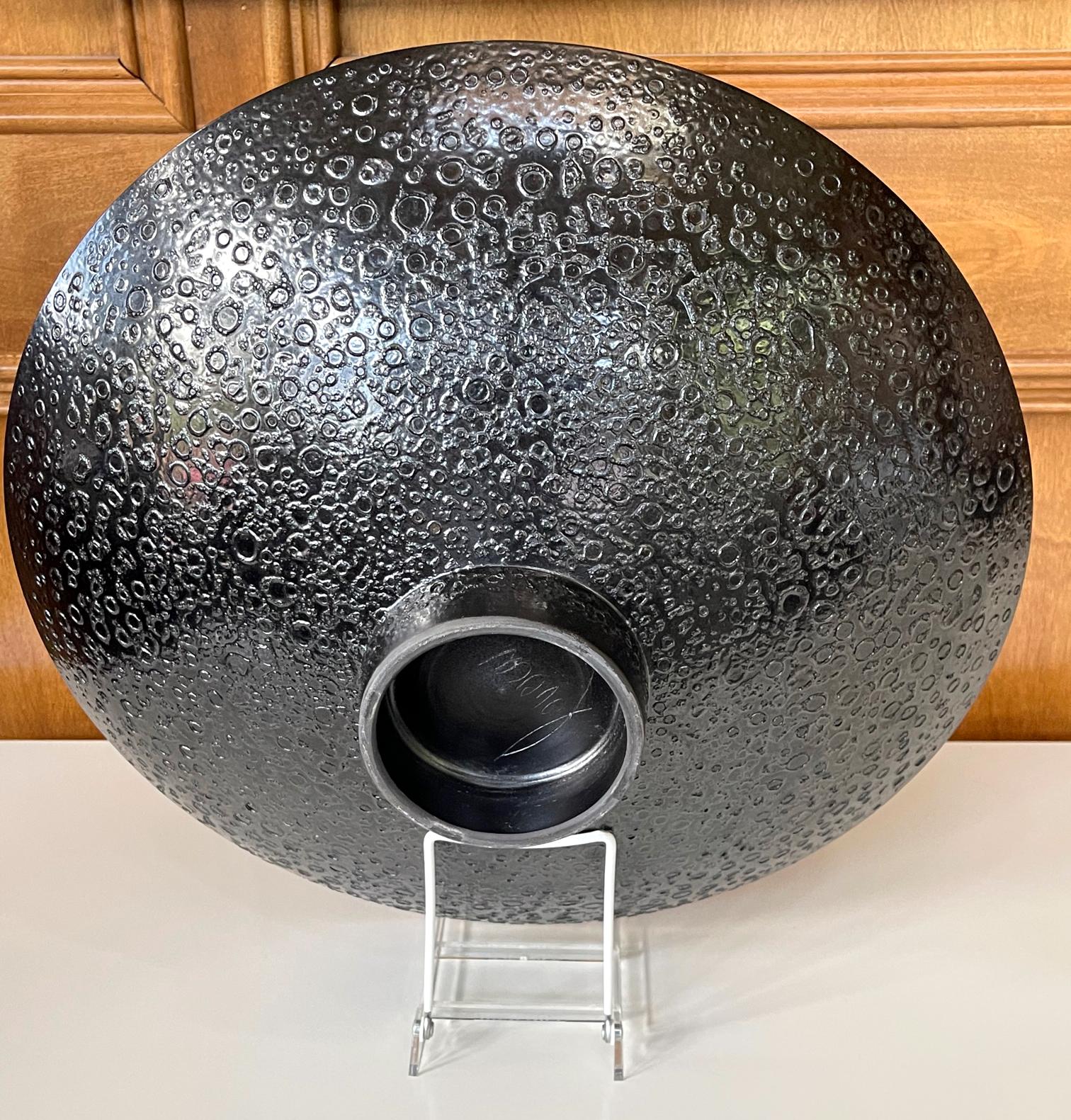 American Large Black Ceramic Bowl Centerpiece with Lava Glaze by James Lovera For Sale