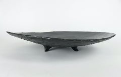 Large Black Ceramic Bowl on Tripod Feet, Wave Rim with Hand Drawn Interior