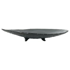 Large Black Ceramic Bowl on Tripod Feet, Wave Rim with Hand Drawn Interior