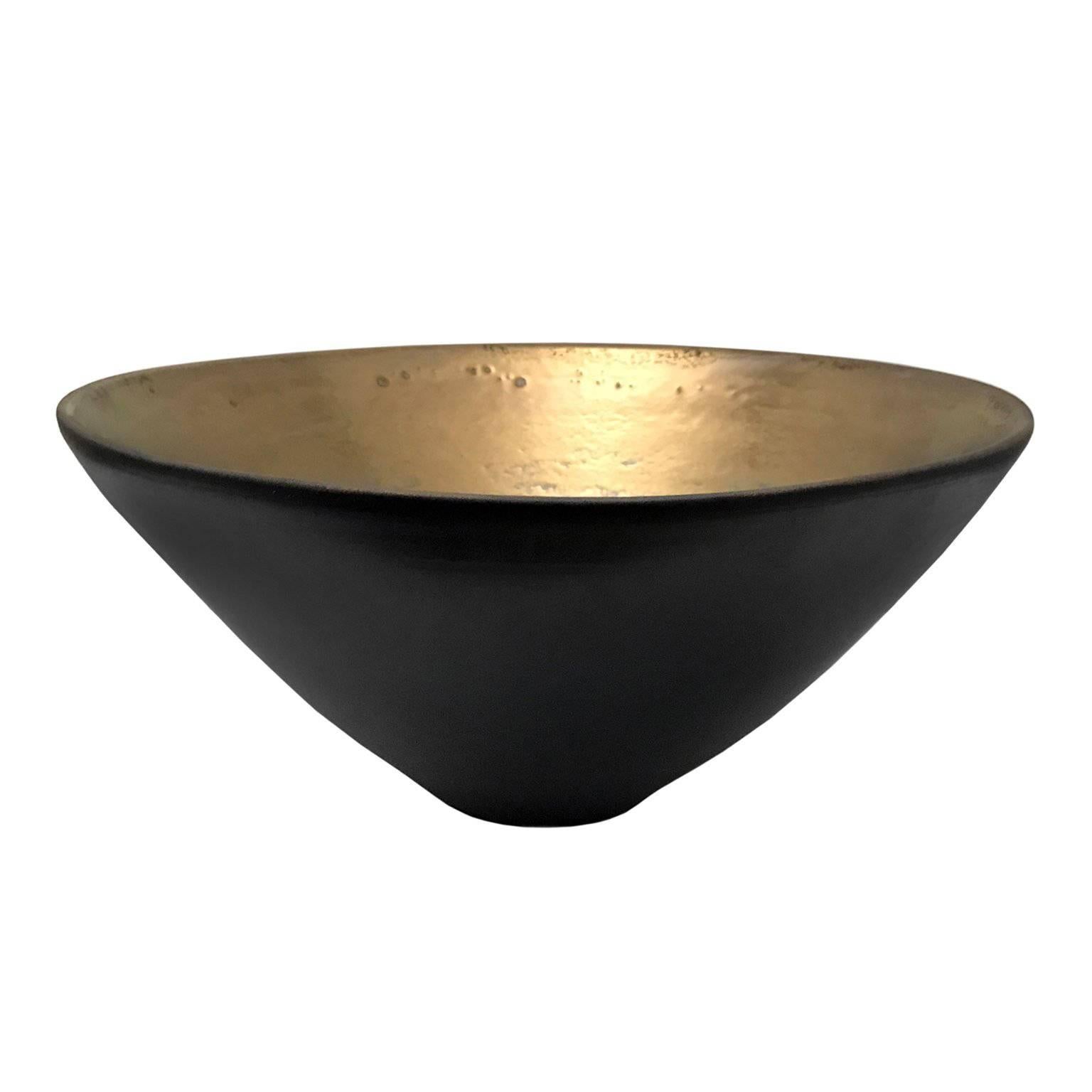Large Black Ceramic Bowl with Gold Glaze Interior and Pointed Base