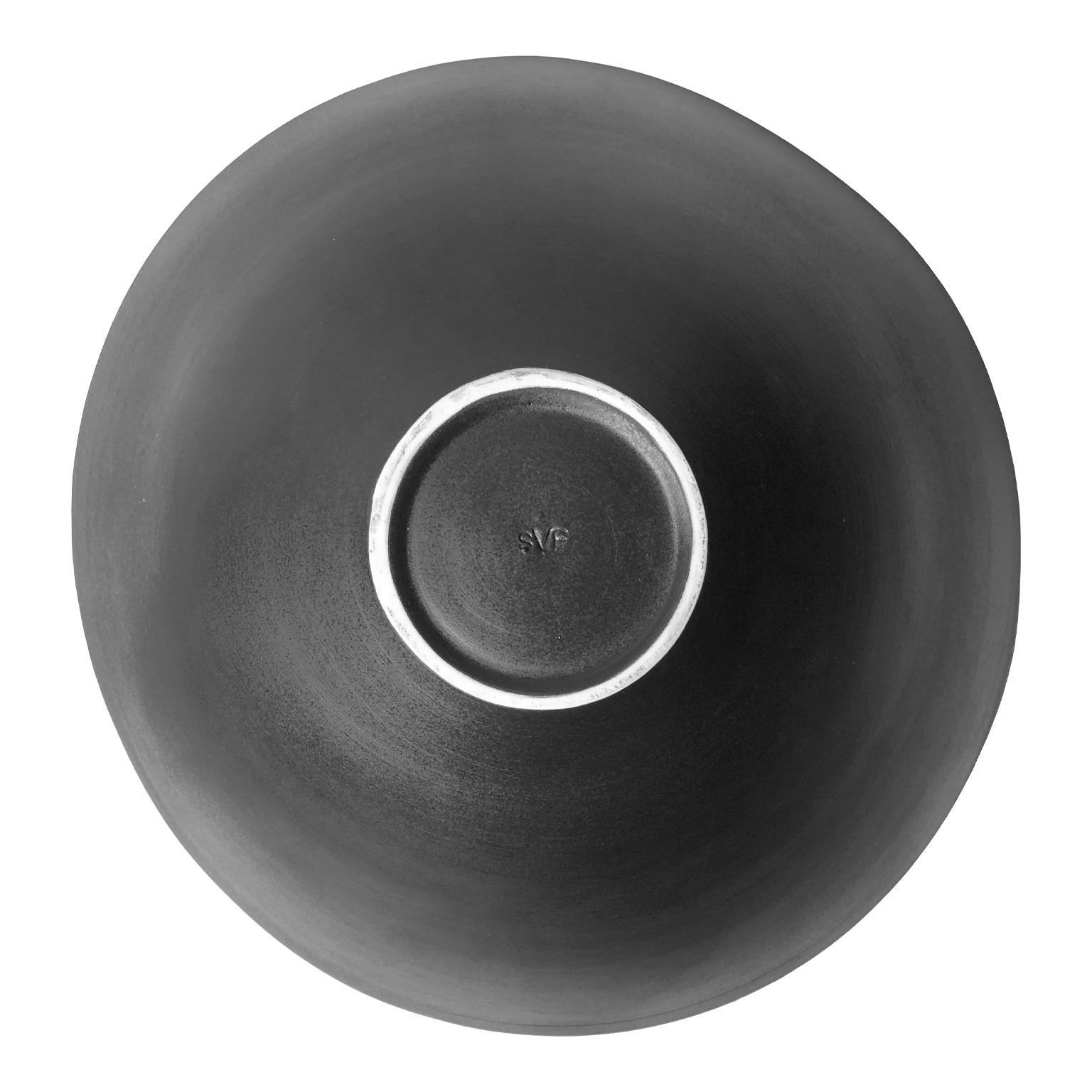 American Large Black Ceramic Bowl with Gold Glaze Interior and Pointed Base