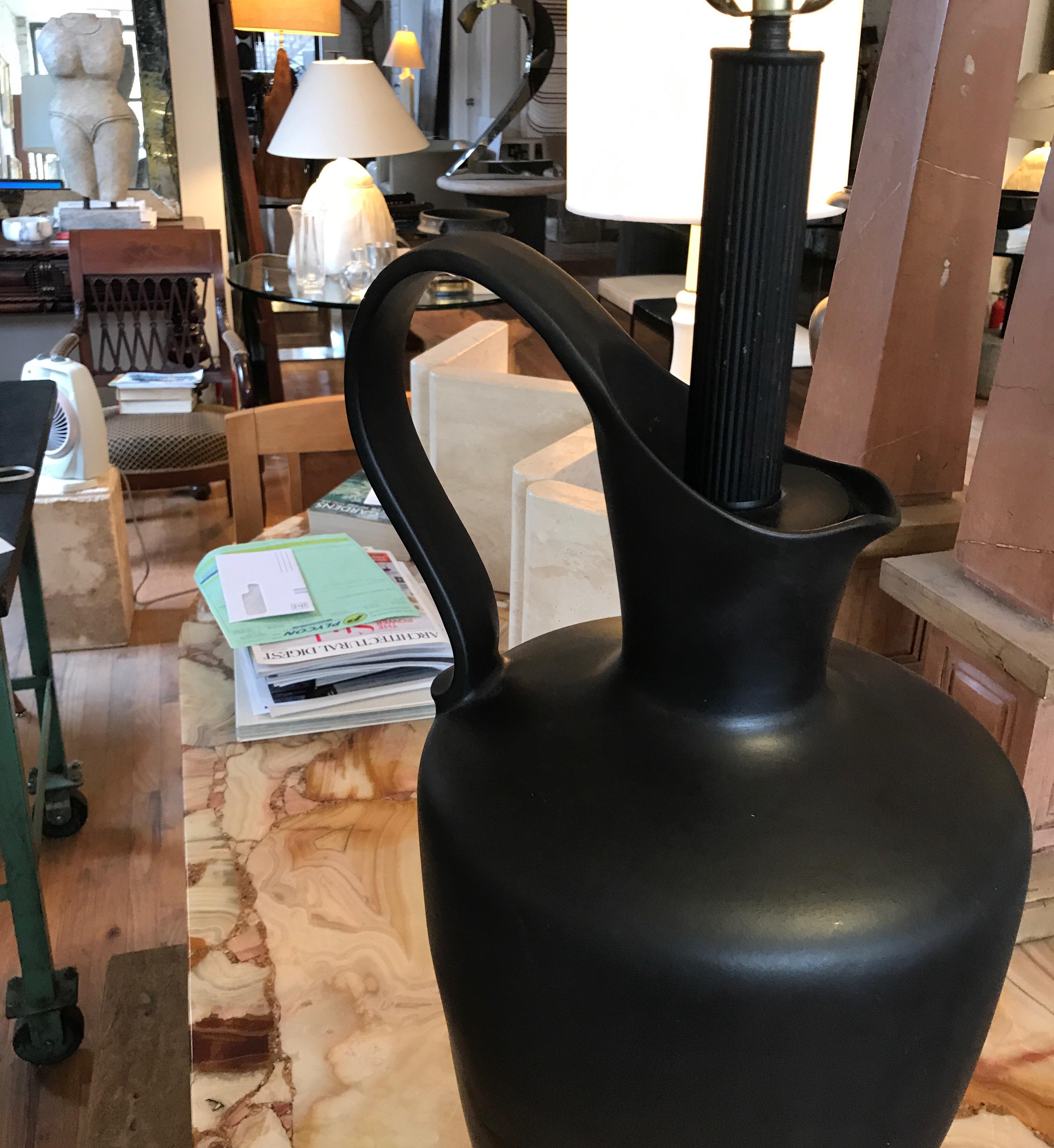 Mid-Century Modern Large Black Ceramic Pitcher Form Lamp	 For Sale