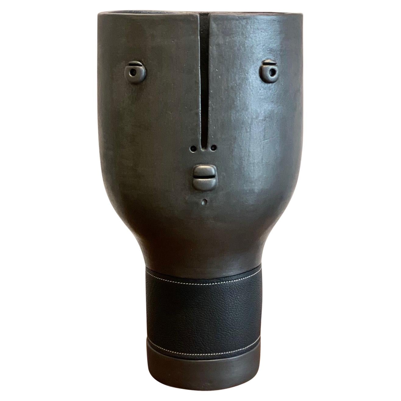 Large Black Ceramic Sculpture Vase "Belted Idole" Signed by Dalo
