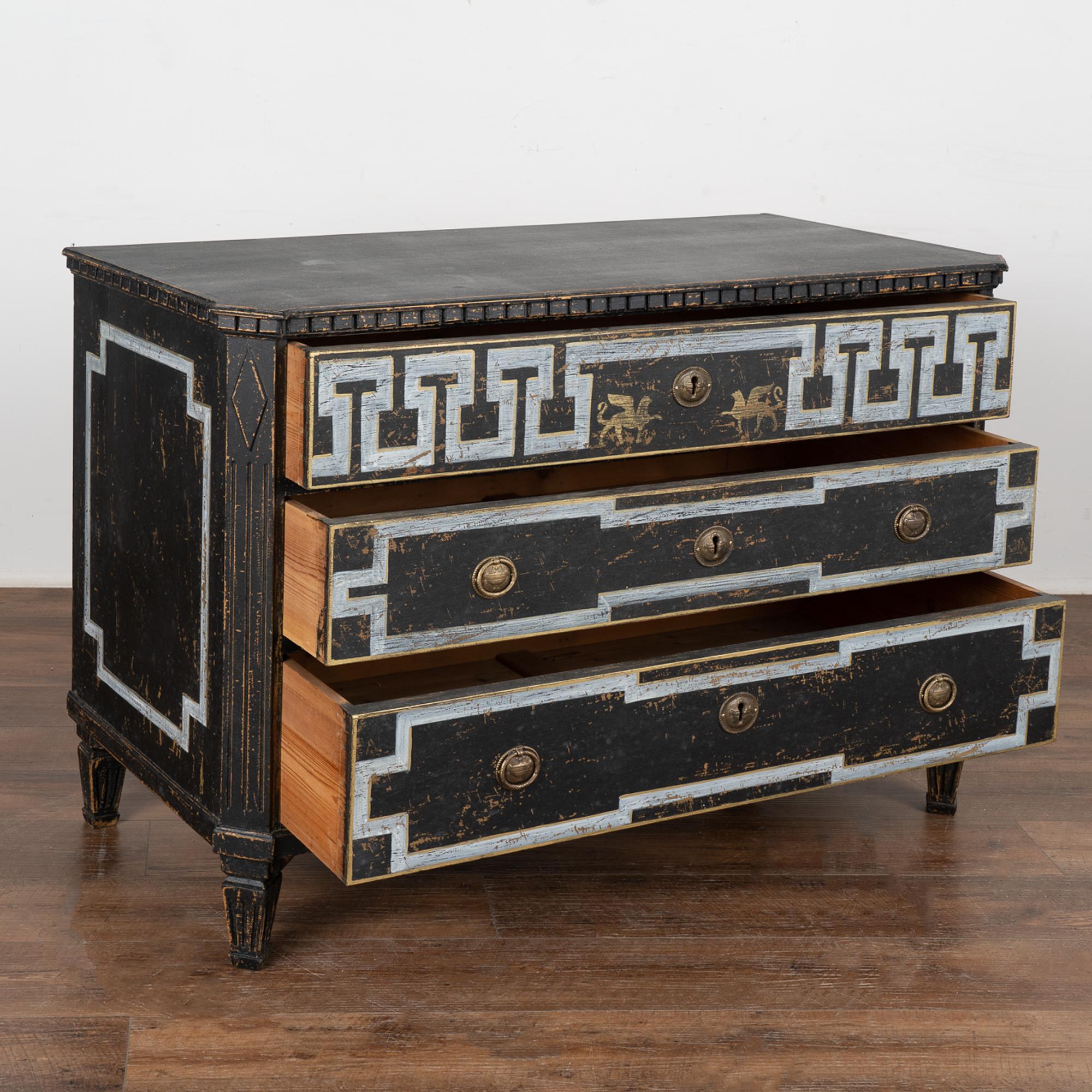 Gustavian Large Black Chest of Drawers with Griffins in Gold, Sweden, circa 1840-60 For Sale