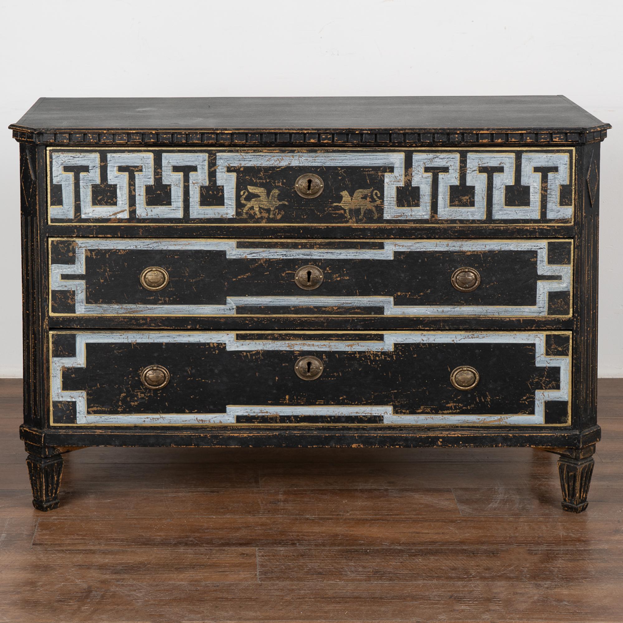 Swedish Large Black Chest of Drawers with Griffins in Gold, Sweden, circa 1840-60 For Sale