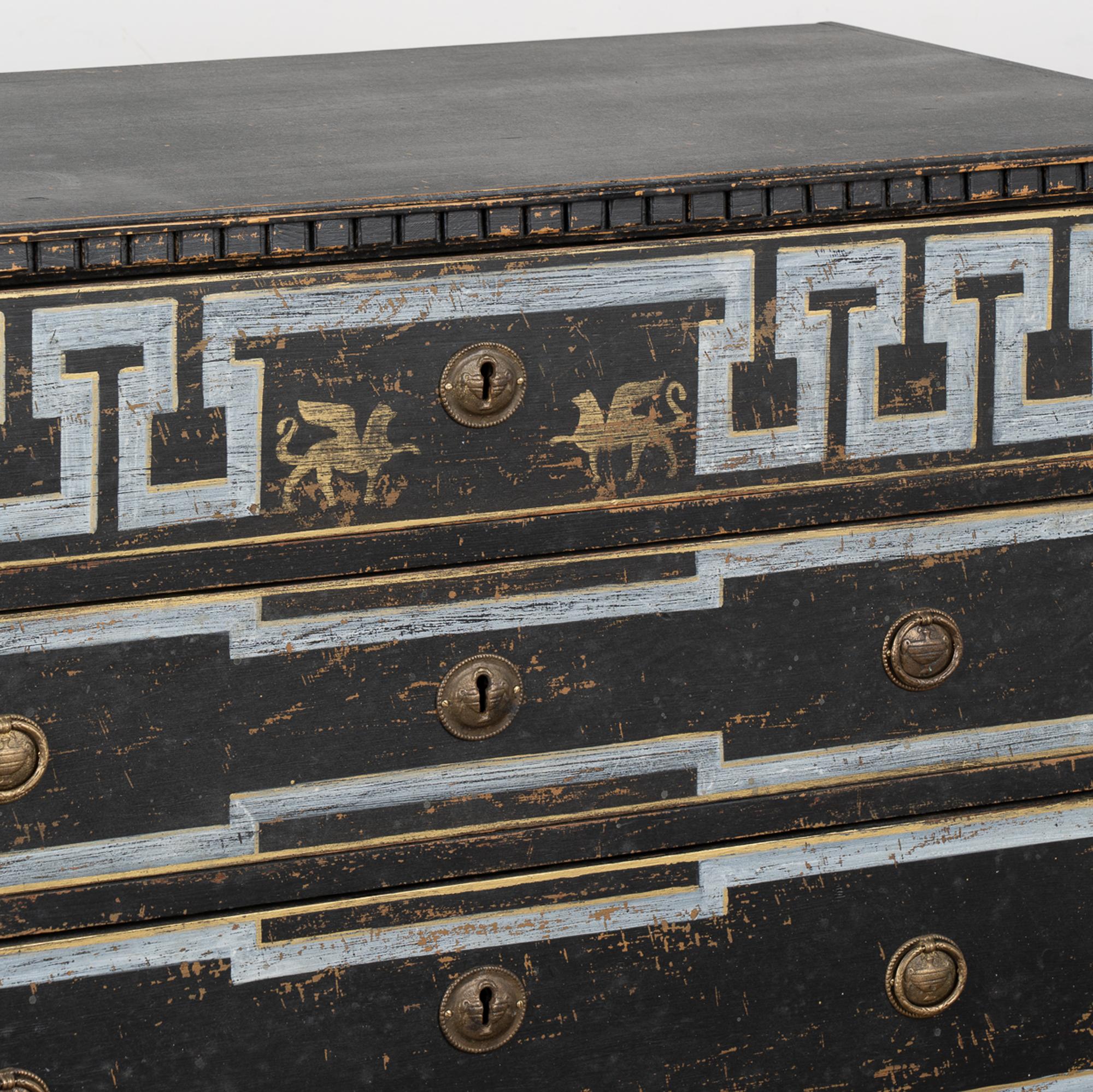Large Black Chest of Drawers with Griffins in Gold, Sweden, circa 1840-60 For Sale 1