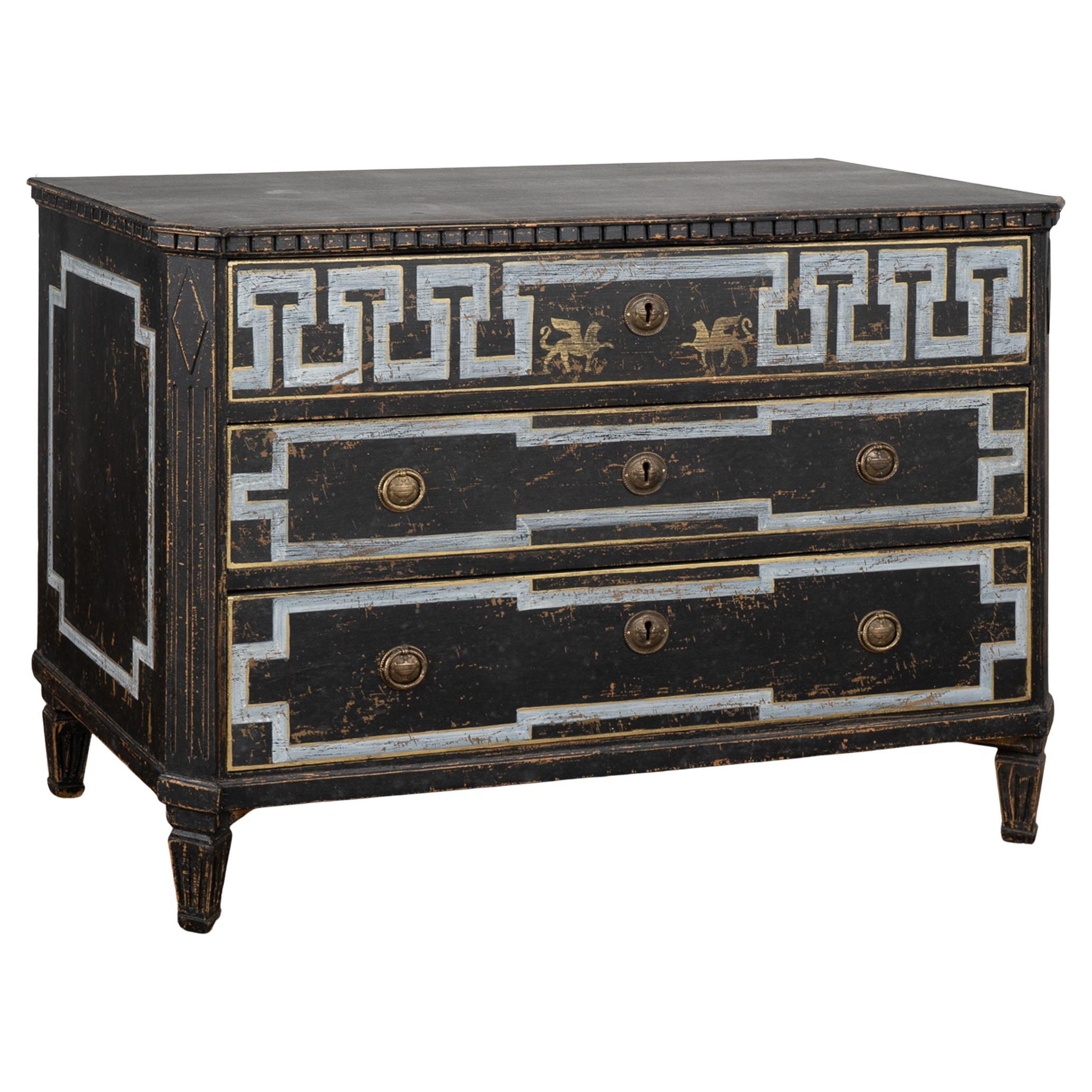 Large Black Chest of Drawers with Griffins in Gold, Sweden, circa 1840-60