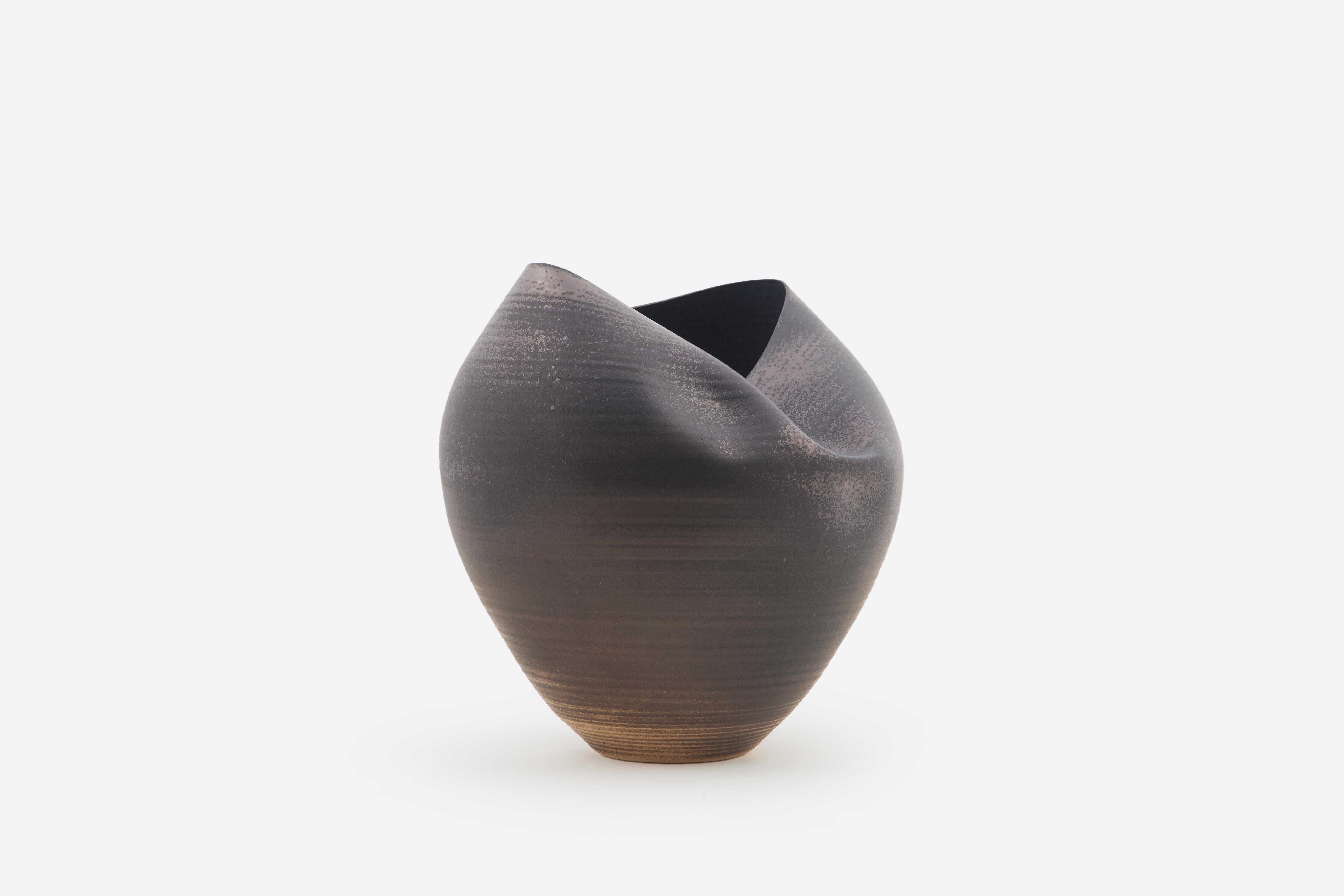 Glazed Large Black Collapsed Form, Vase, Interior Sculpture or Vessel, Objet D'Art