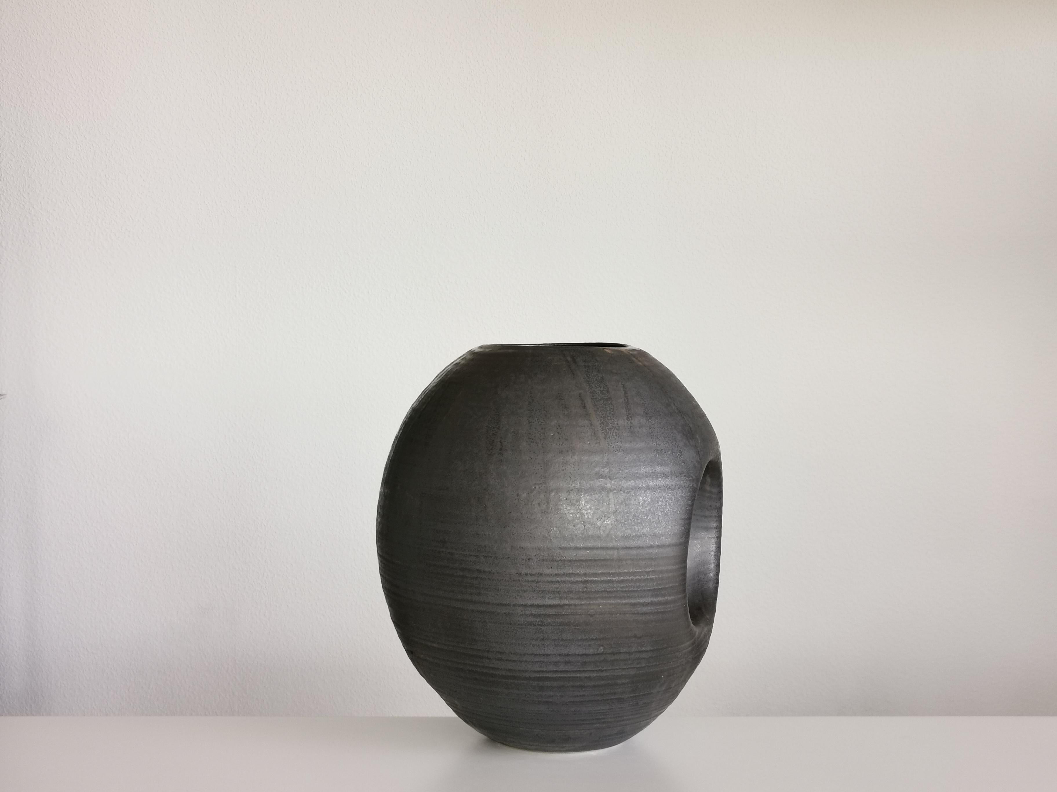 Organic Modern Large Black Concave Planetary Form, Vase, Interior Sculpture, Objet D'Art For Sale