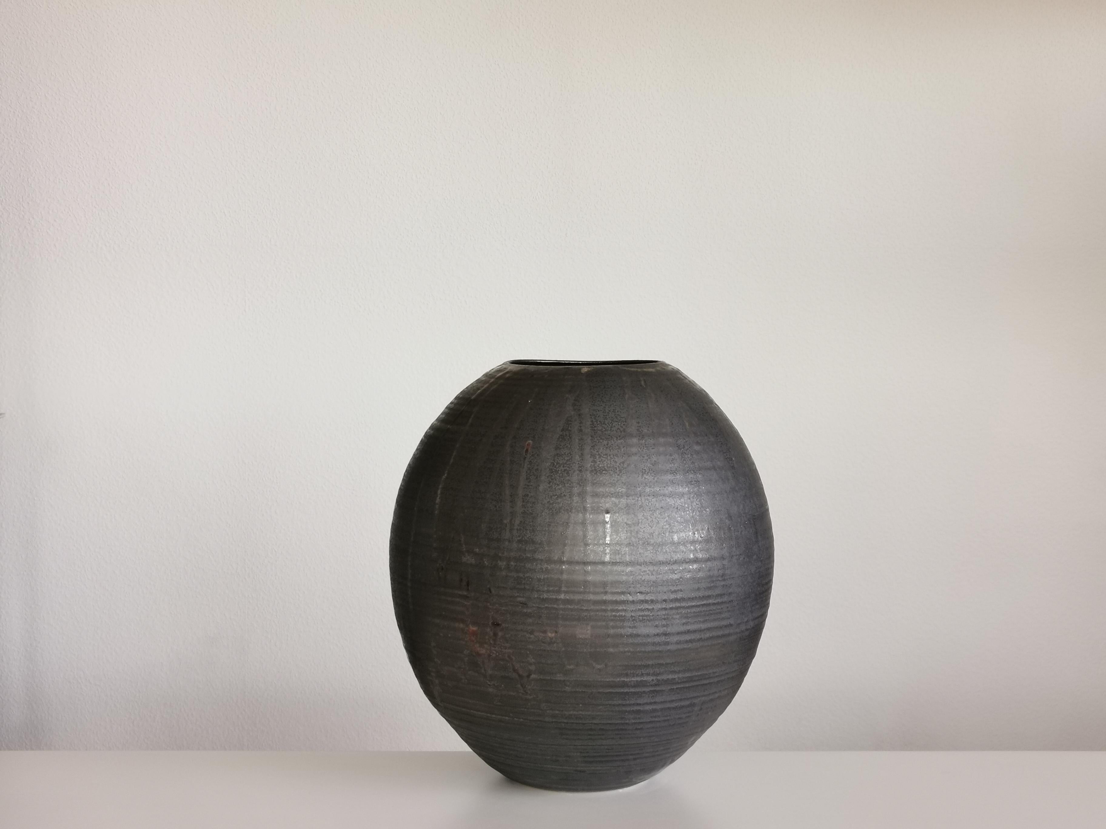 Spanish Large Black Concave Planetary Form, Vase, Interior Sculpture, Objet D'Art For Sale