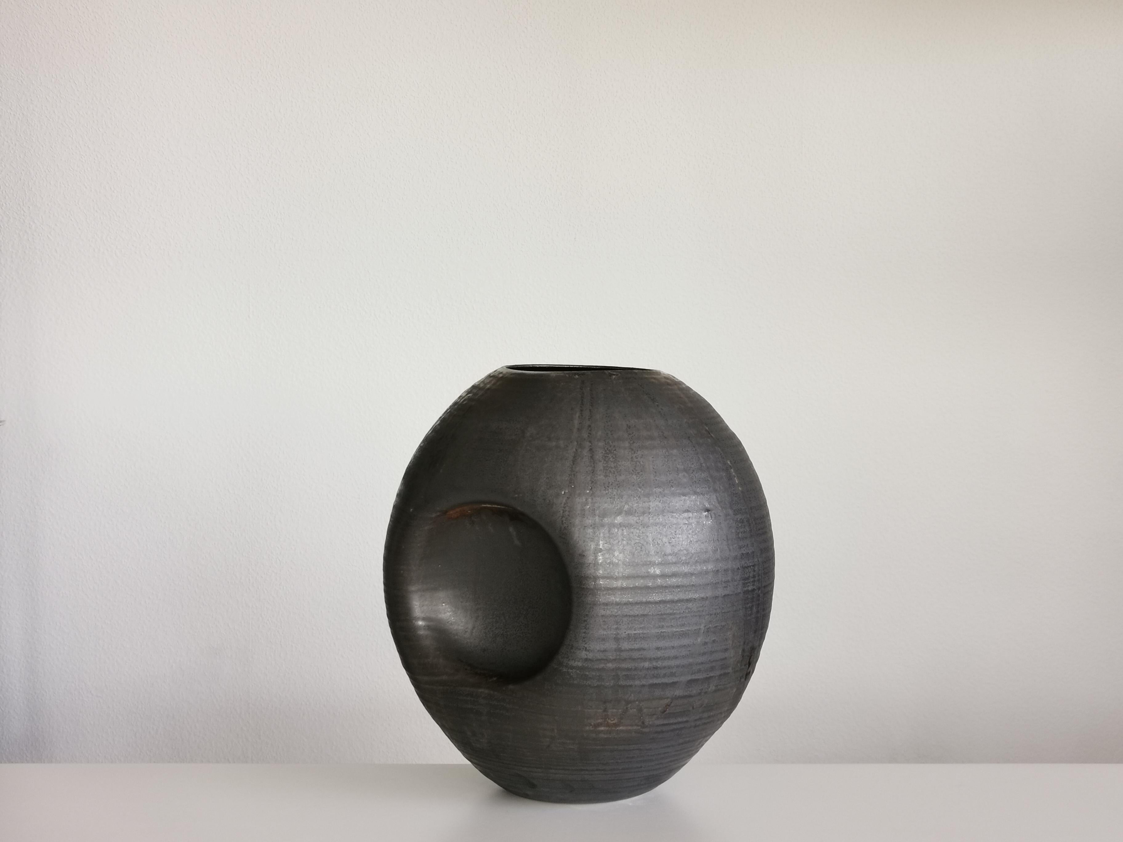 Contemporary Large Black Concave Planetary Form, Vase, Interior Sculpture, Objet D'Art For Sale