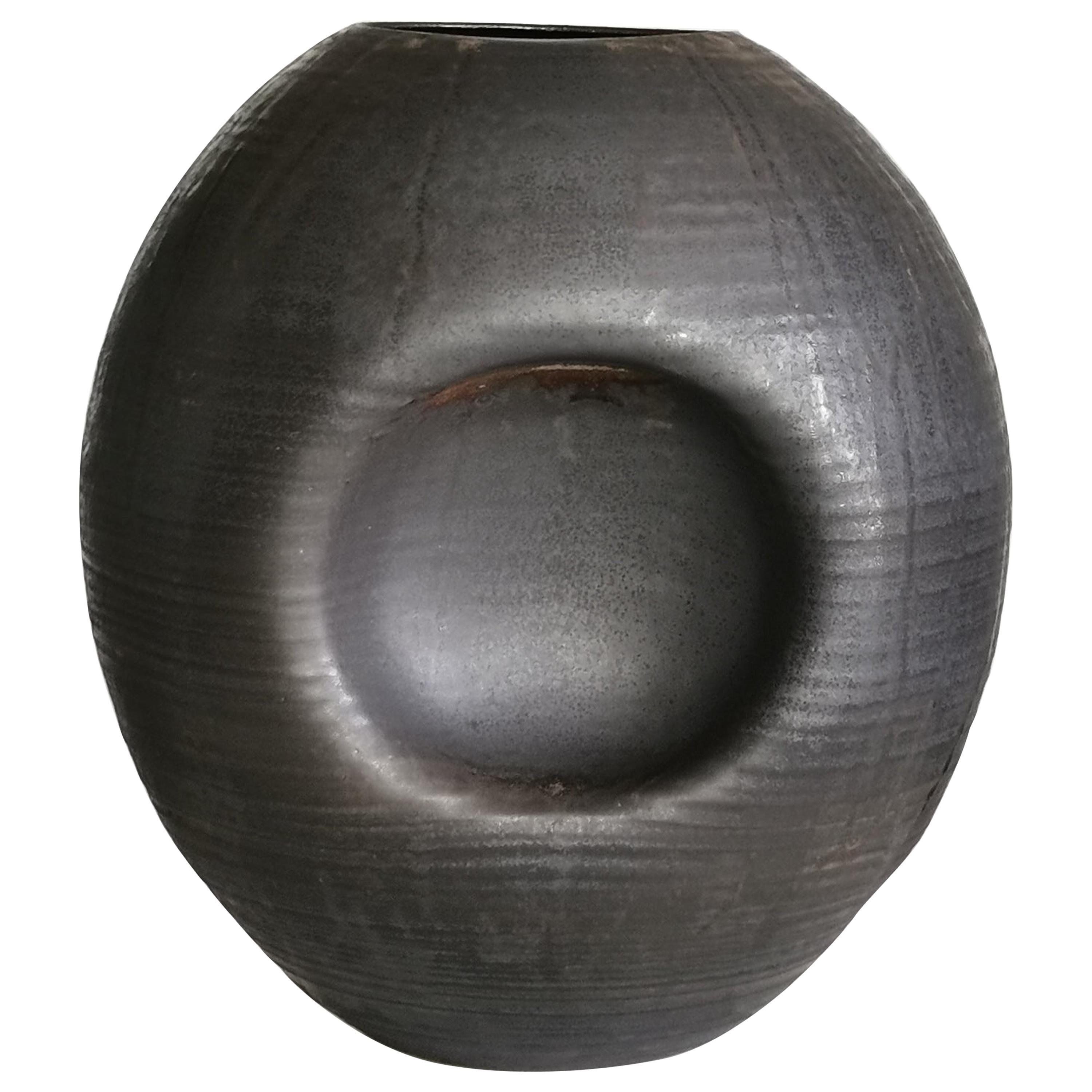 Large Black Concave Planetary Form, Vase, Interior Sculpture, Objet D'Art For Sale